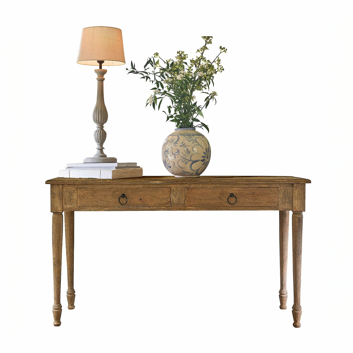 Sidetable Jovrac Houten tafel met twee lades, lamp en keramische vaas met groene bloemen erop