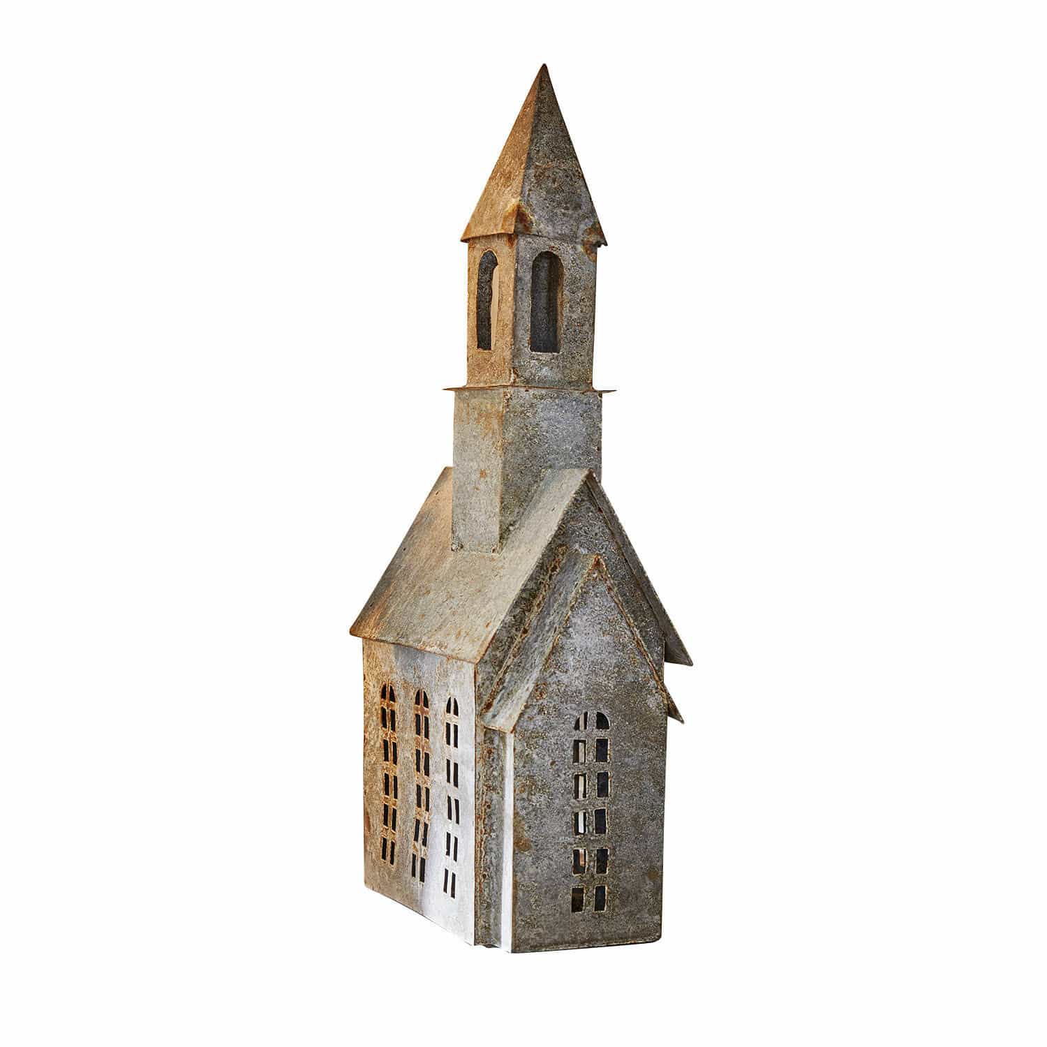 Photophore Montavino Décoration en métal en forme d'église grise avec fenêtres découpées, ornement pour intérieur et jardin