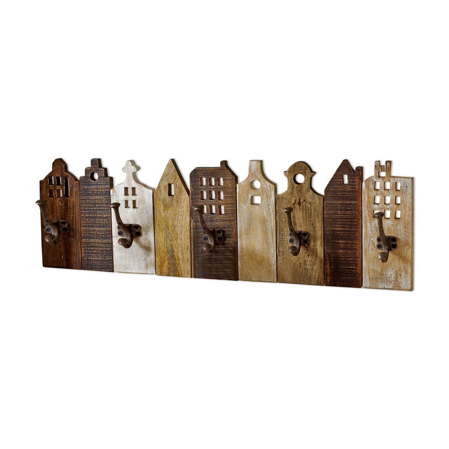 Patère planche Pettis Patère murale en bois avec crochets en forme de maisons, tons naturels marron et blanc, décoration d'entrée