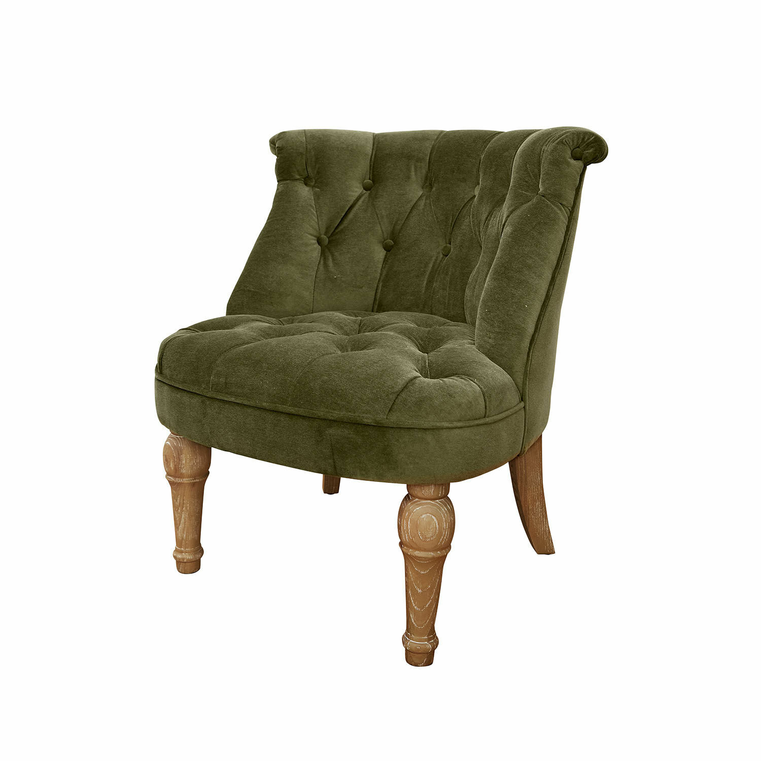 Groene fluwelen fauteuil met houten poten en gestikte rugleuning voor stijlvolle woonkamer