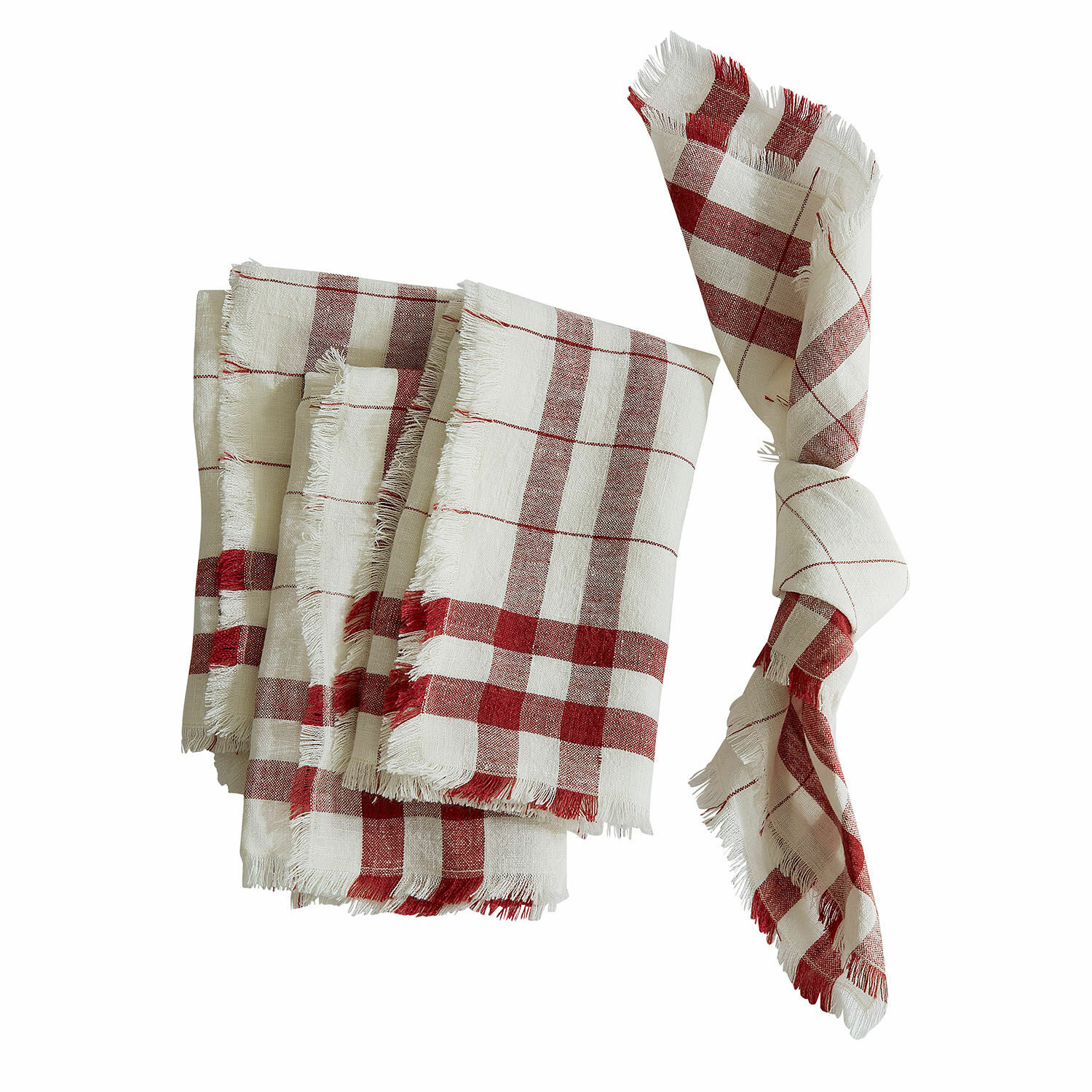 Lot de 4 serviettes de table Zarella Serviettes en lin à carreaux blancs et rouges avec franges, textiles de table décoratifs pour la maison