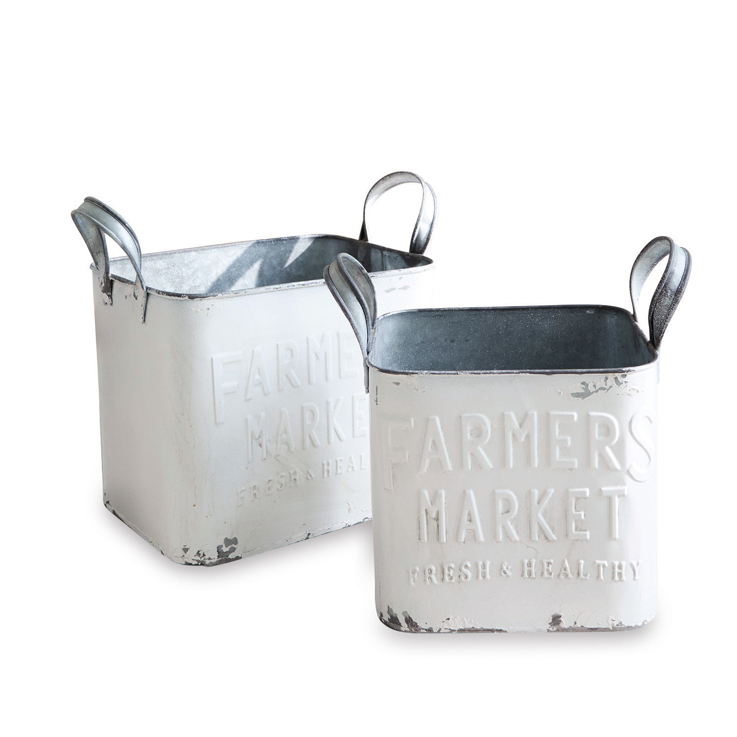 Blik set van 2 Market Set van twee witte metalen bakken met handvatten en Farmers Market tekst, vintage stijl