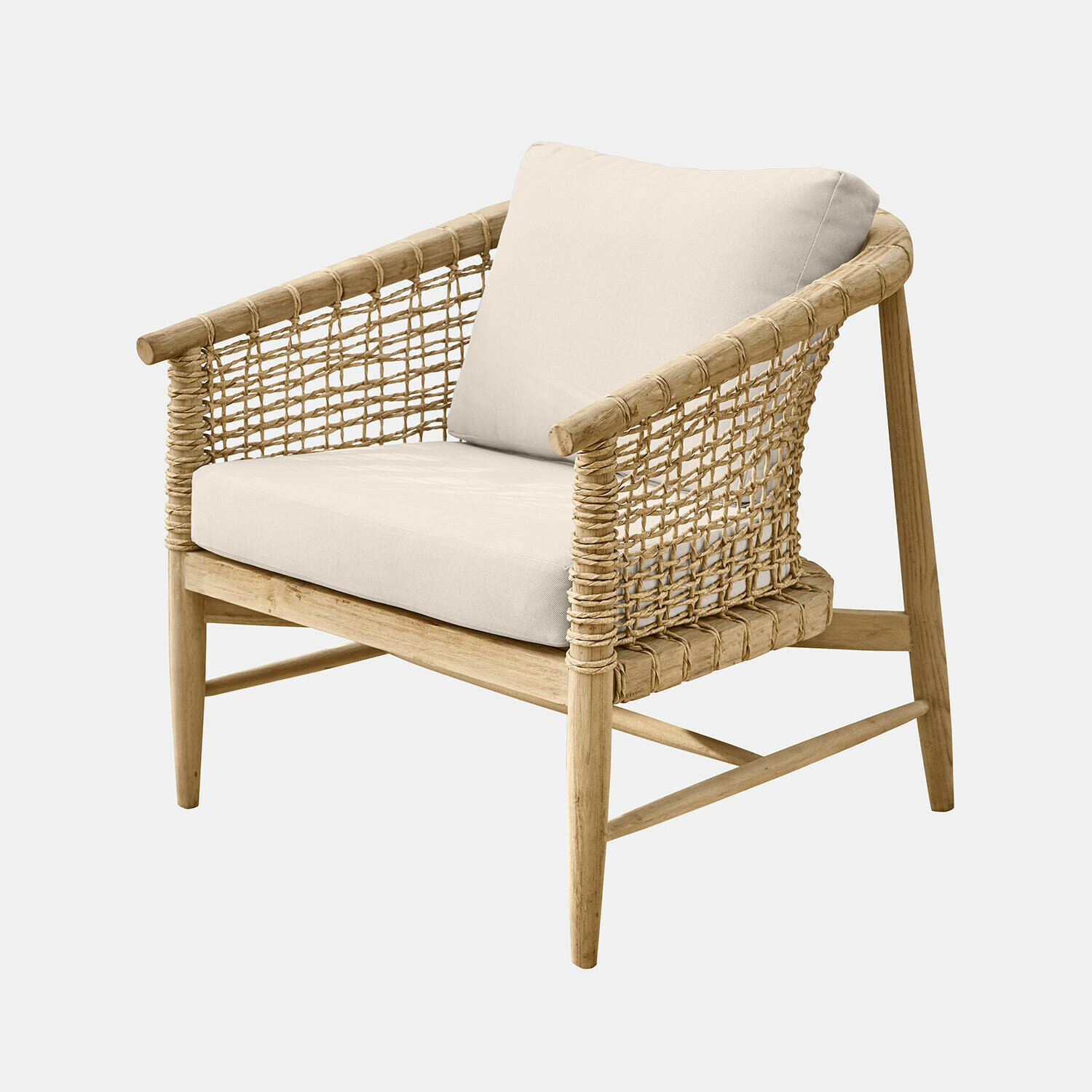 Fauteuil en bois et corde tressée avec coussin beige clair, meuble élégant pour salon