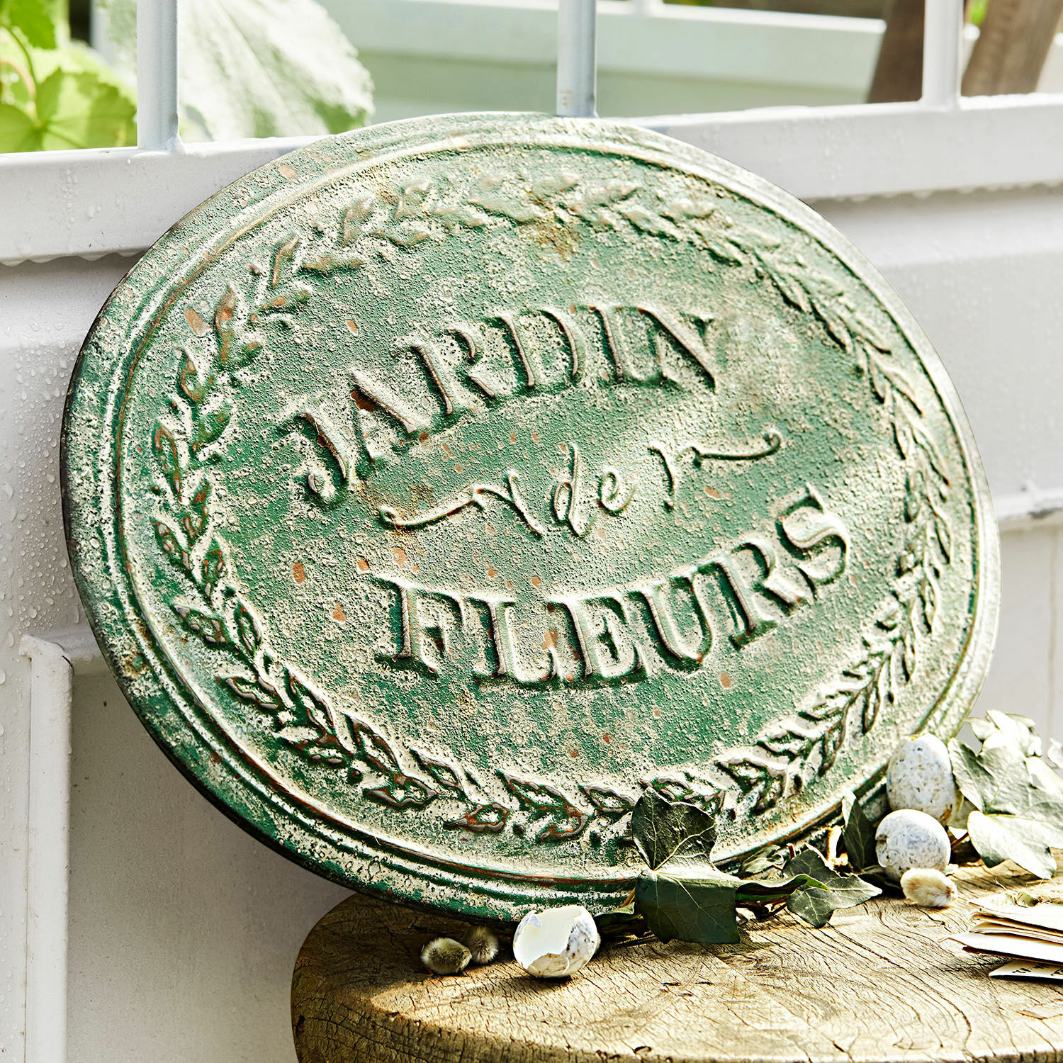 Plaque décorative Jardin de Fleurs Plaque de jardin ovale en métal vert avec inscription Jardin de Fleurs et décor de feuilles