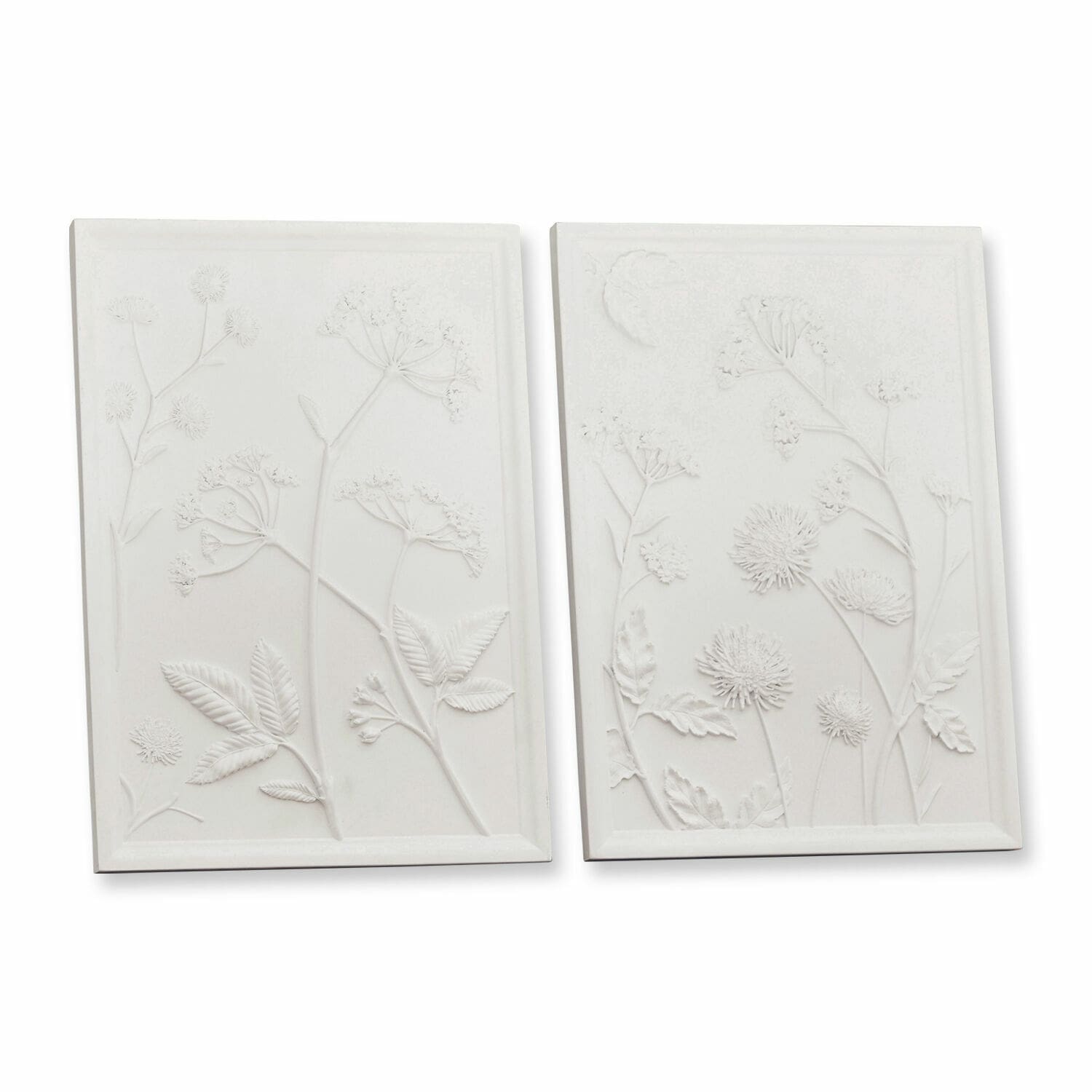 Afbeelding set van 2 Carrefour Twee witte keramische wandpanelen met plantenreliëf, natuurlijke interieurdecoratie