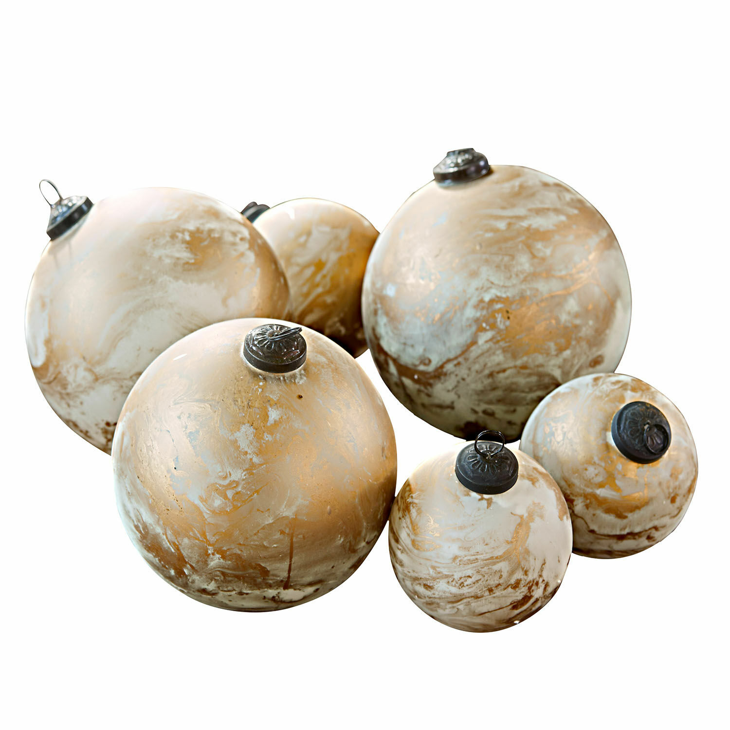 Lot de 6 boules de Noël Nymeria Ensemble de six boules de Noël décoratives avec motif marbré beige et doré