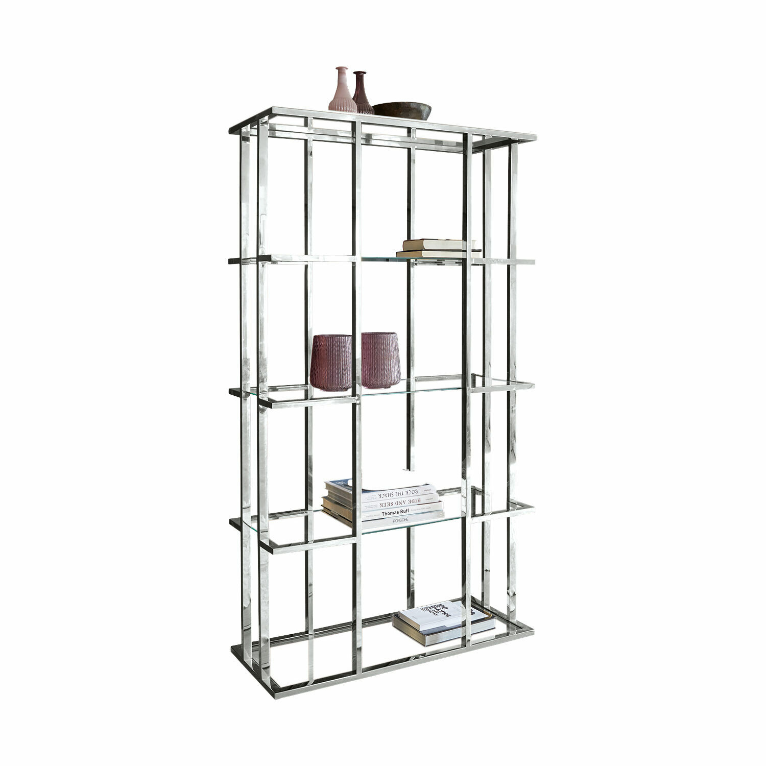 Étagère Dacre Étagère moderne en métal argenté avec étagères en verre, décorations et livres posés dessus