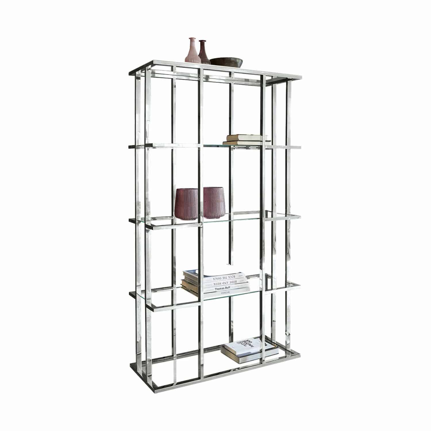 Open kast Dacre Moderne zilverkleurige metalen kast met glazen planken, decoraties en boeken