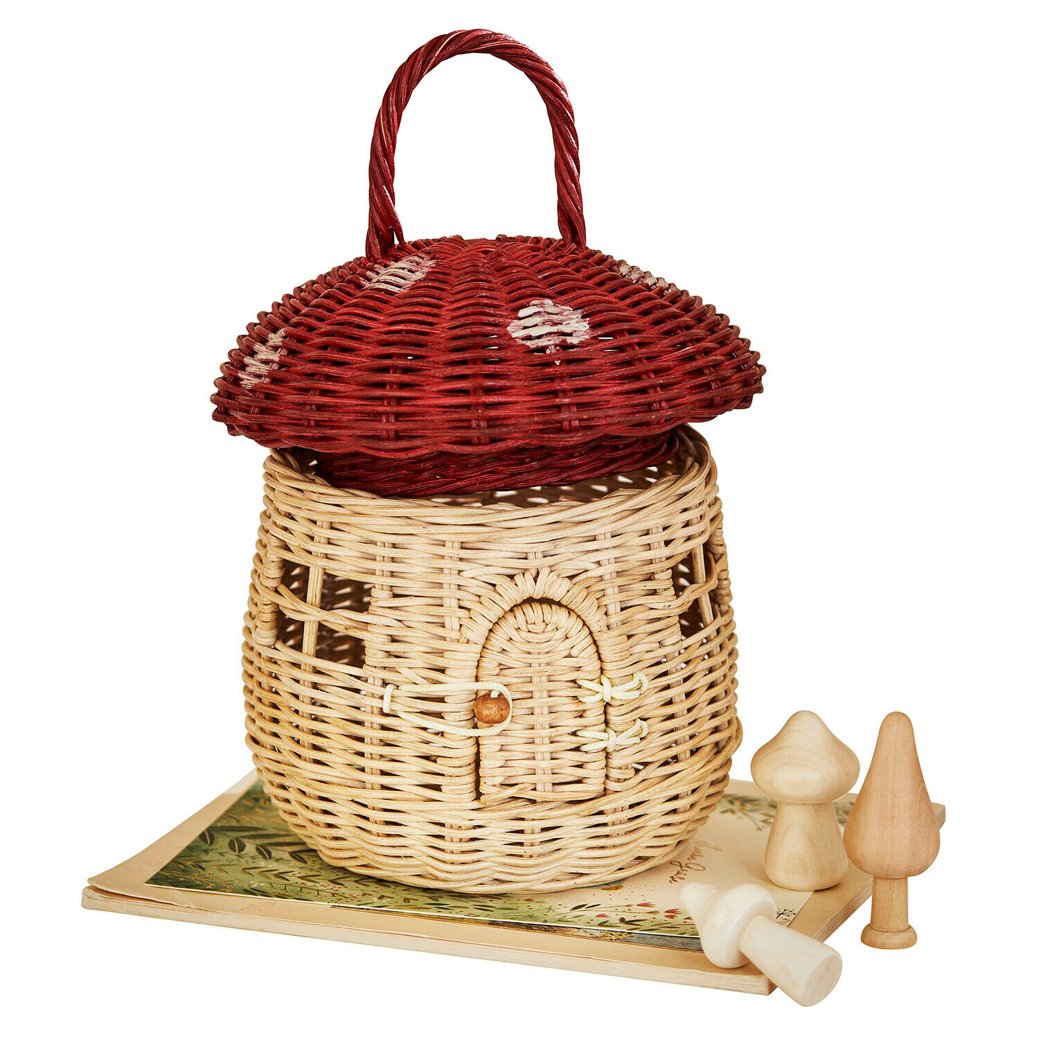 Panier Norilie Panier en osier en forme de champignon avec couvercle rouge et décorations en bois champignons