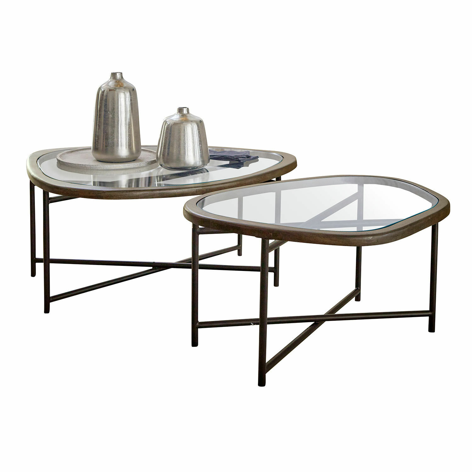 Salontafel set van 2 Kembria Set van twee salontafels met metalen frame en bruin glazen blad