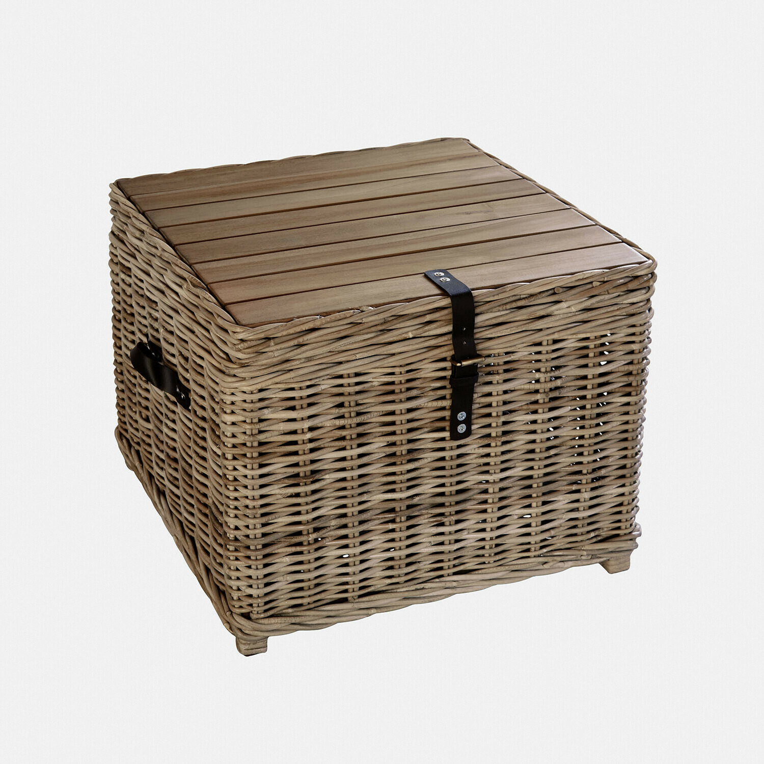 Panier carré en rotin avec couvercle en bois et sangle noire, couleur naturelle, meuble de rangement