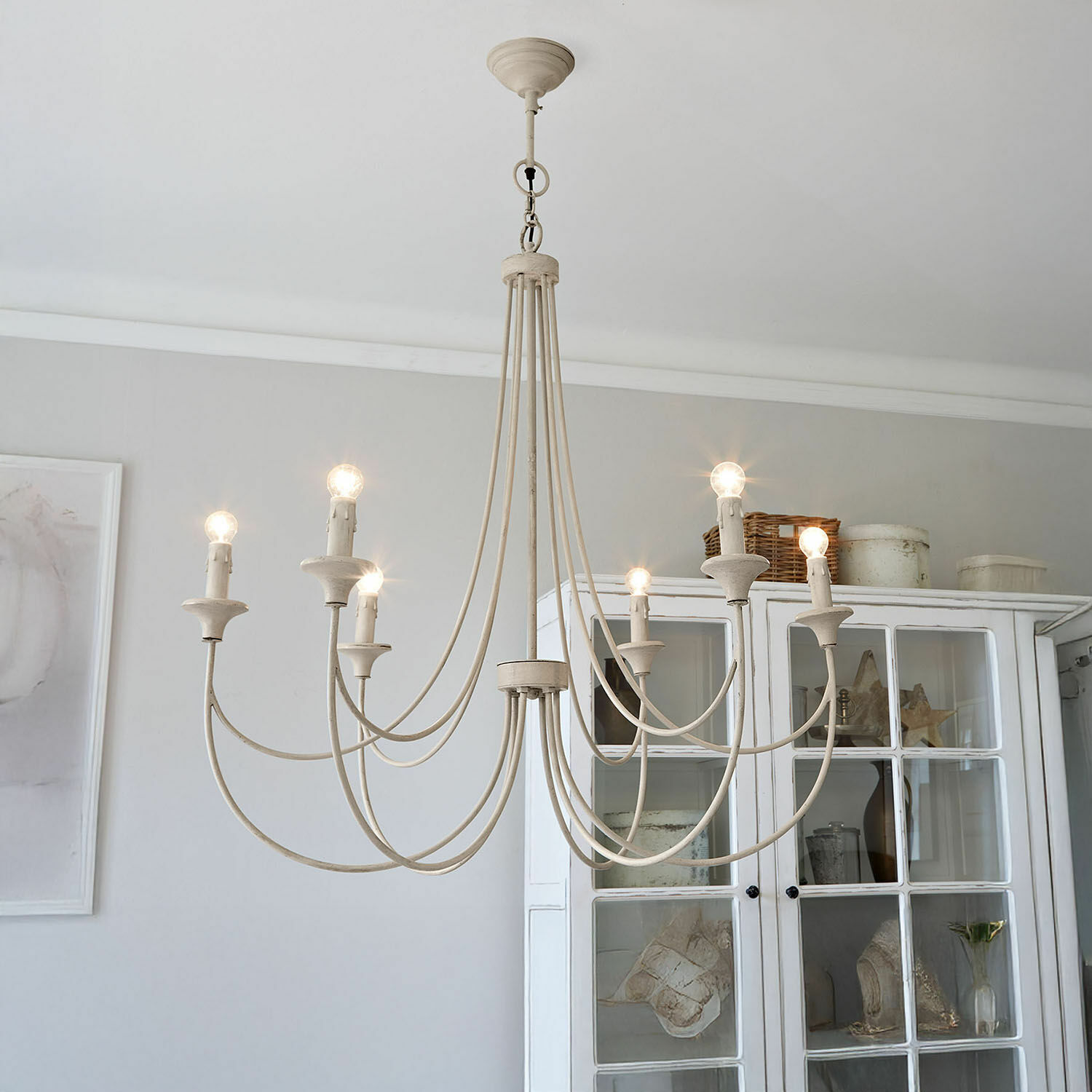 Kroonluchter Blenhaven Witte metalen kroonluchter met acht vintage lampen voor woonkamerverlichting