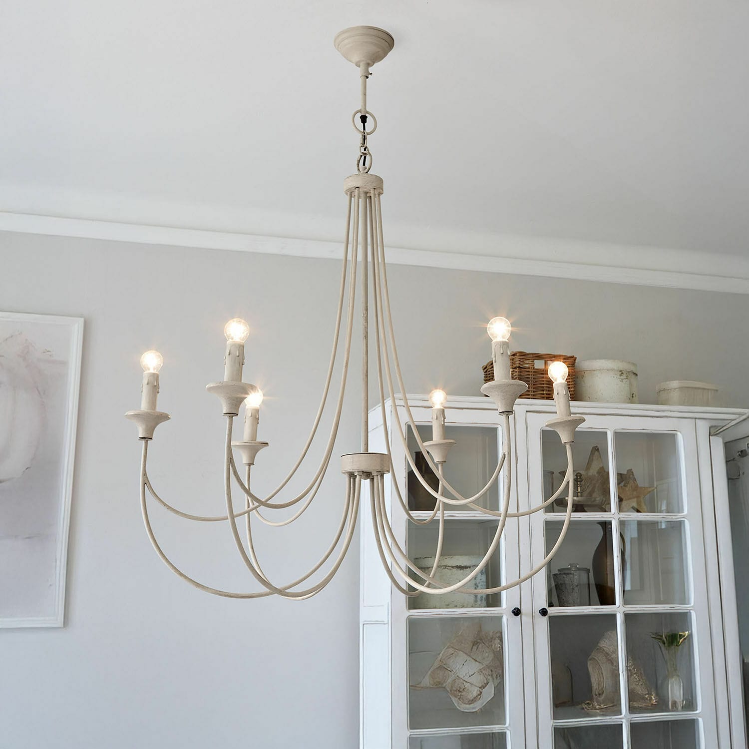 Kroonluchter Blenhaven Witte metalen kroonluchter met acht vintage lampen voor woonkamerverlichting