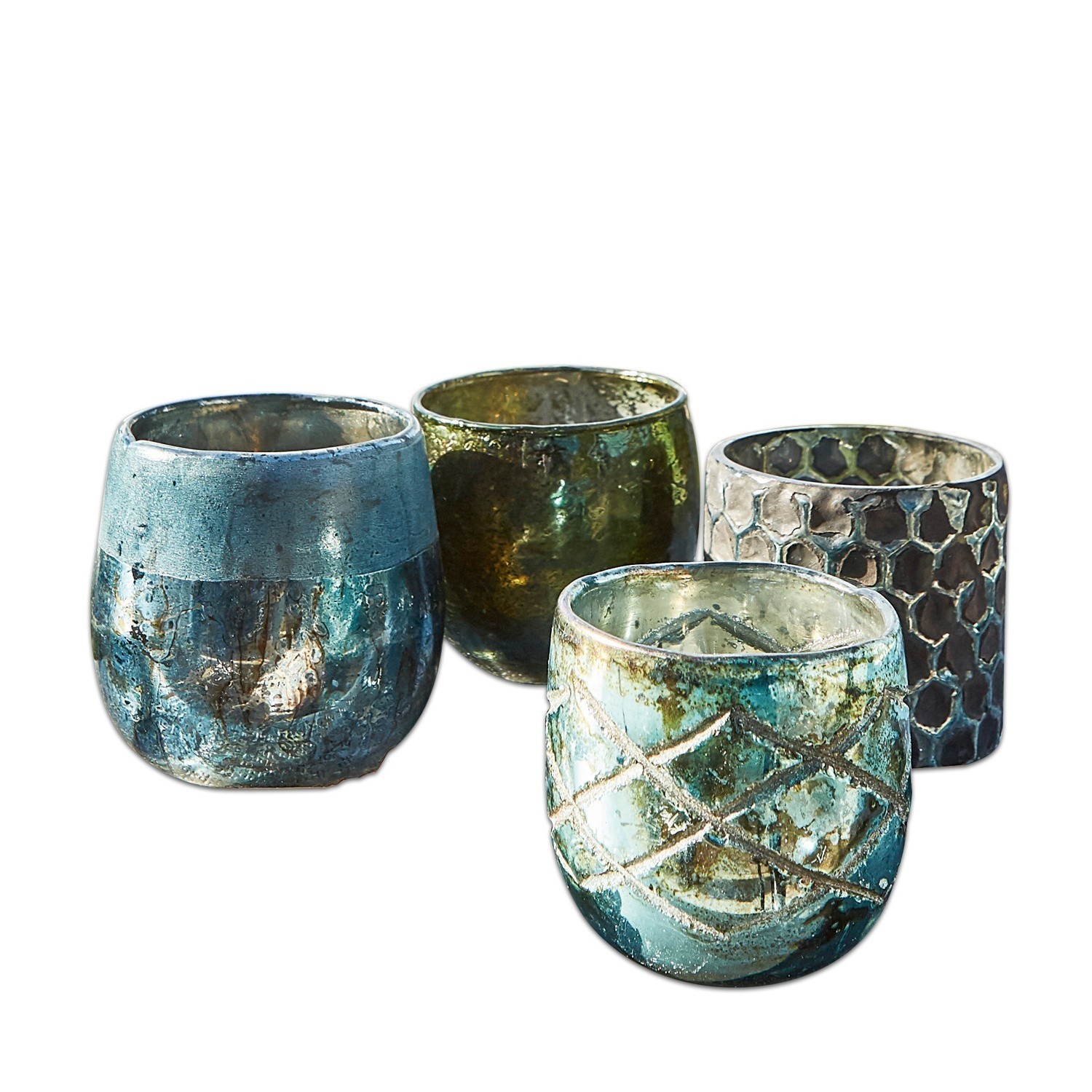 blauw/groen Set van 4 metalen windlichten in marineblauw en petrol, decoratieve woonverlichting