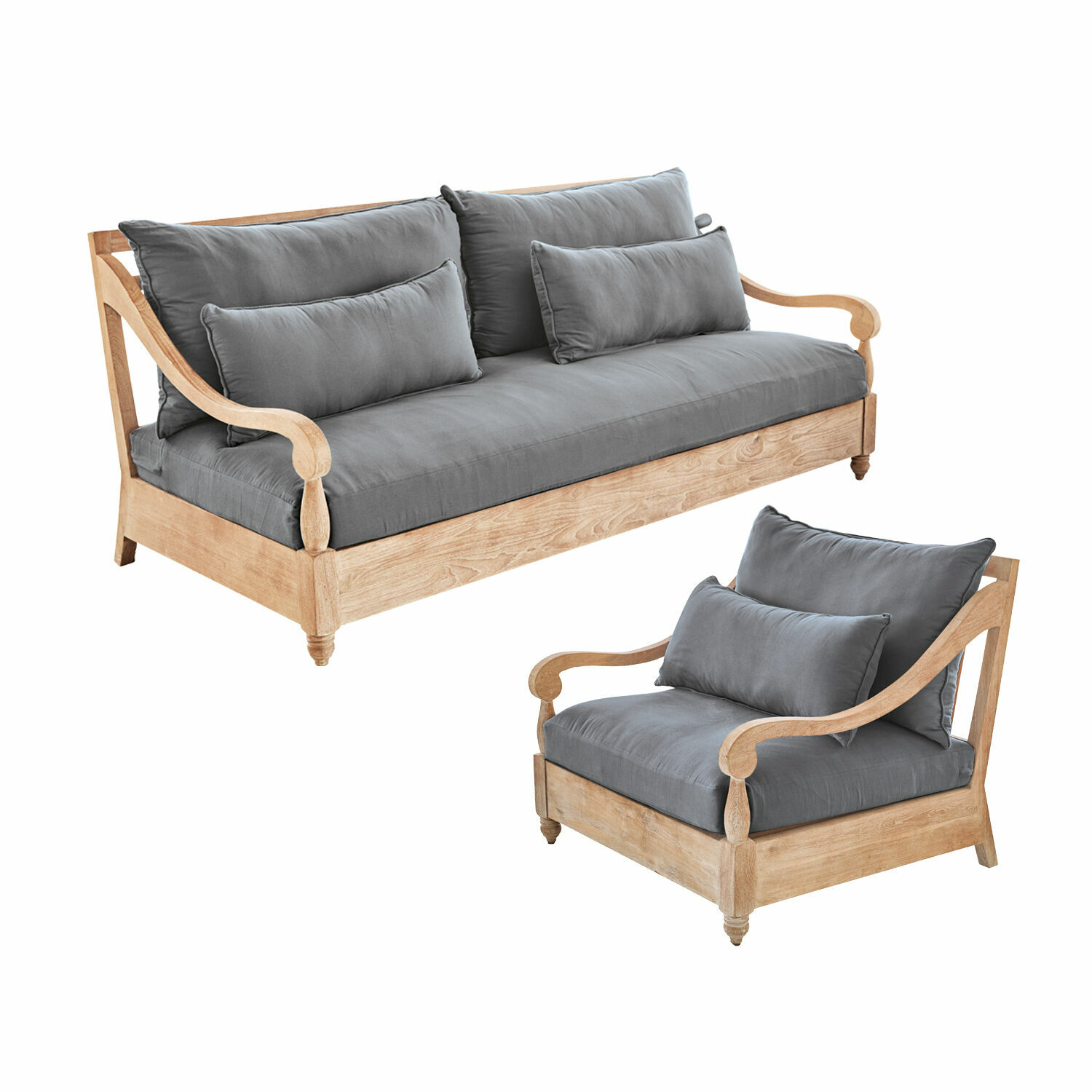 Ensemble de sièges Montcassin en bois avec coussins gris, mobilier confortable pour salon