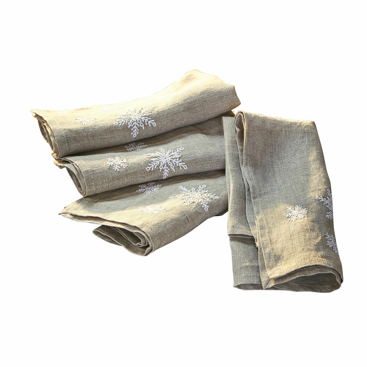 Lot de 4 serviettes Ruspi Serviettes en lin beige avec broderie flocons blancs, décoration de table hivernale