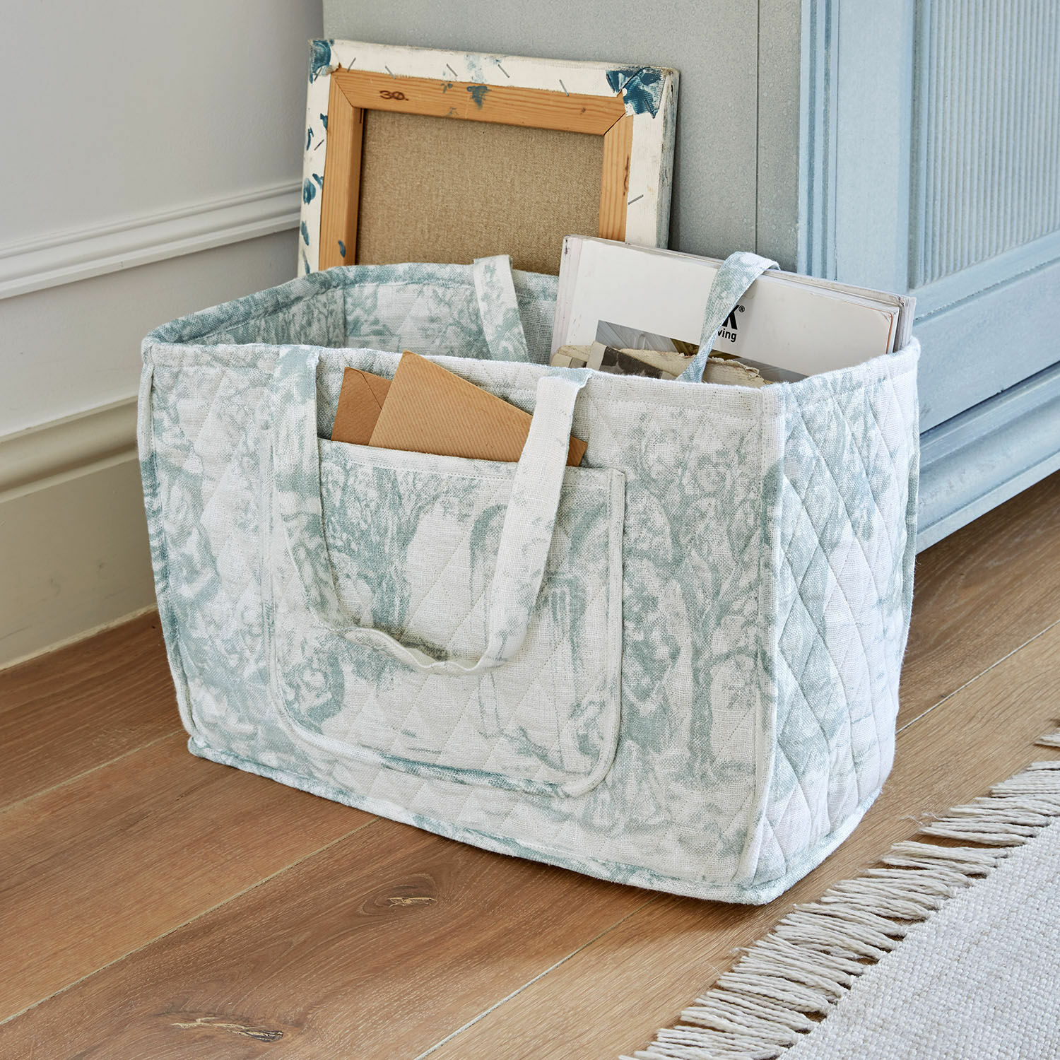 Sac Dedwen Panier de rangement matelassé en coton clair avec motif vert et poignées pratiques