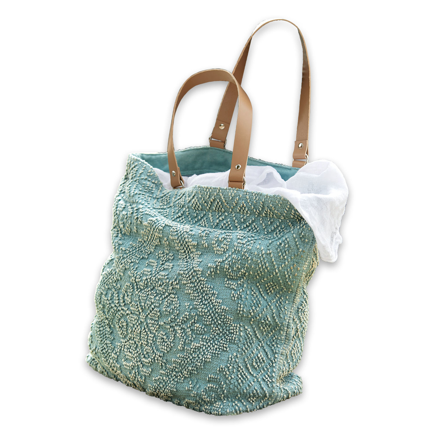 Tas Vicel Blauwe stoffen tas met beige kunstleren handvatten en gestructureerd patroon