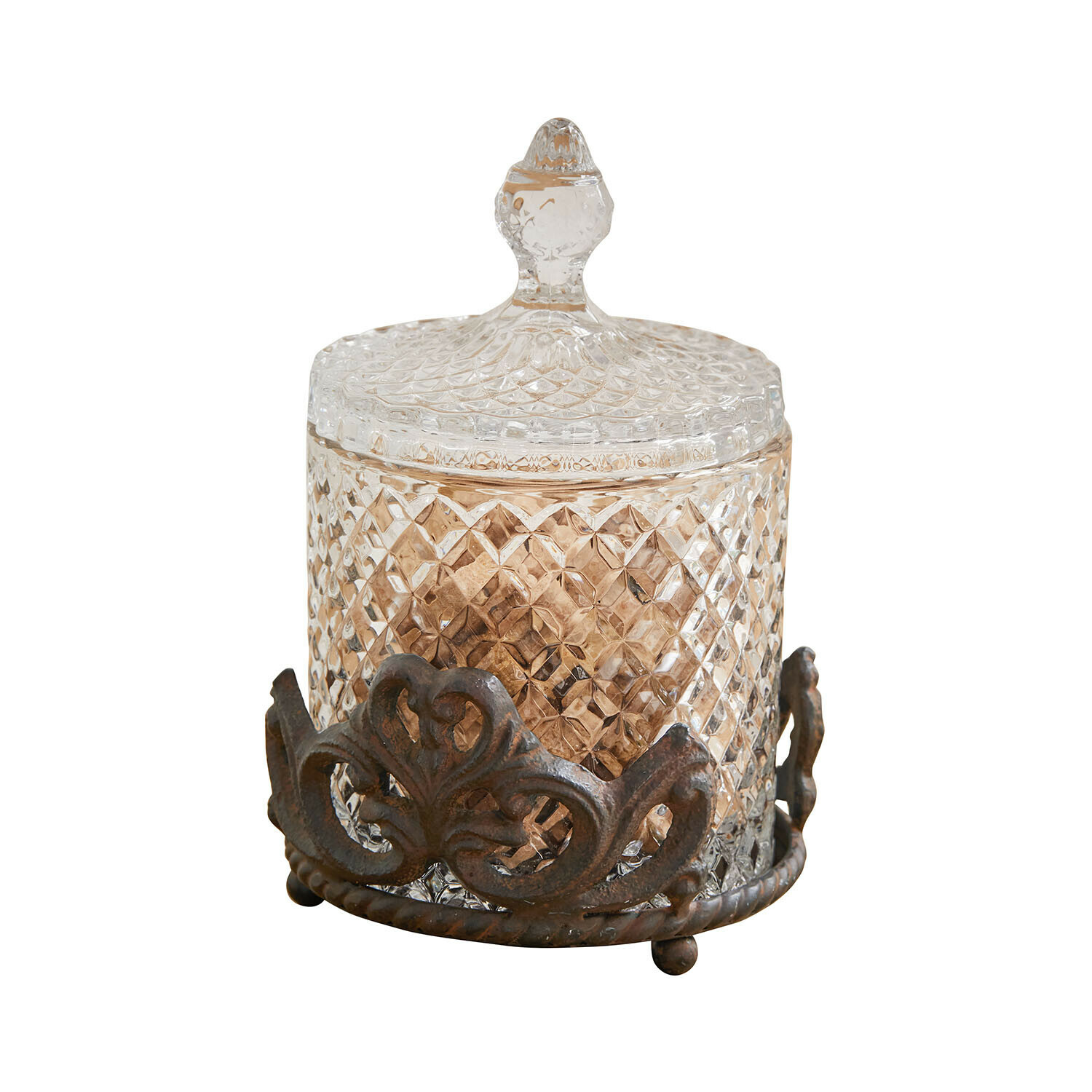 Pot en verre Kerynna Boîte en verre avec couvercle et base métallique décorative vintage, transparente et brune