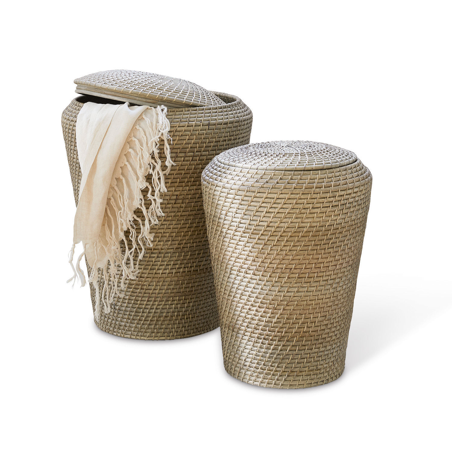 Wasmand, set van 2 Nora Set van twee beige rotan manden met deksels, perfect voor opslag en interieurdecoratie