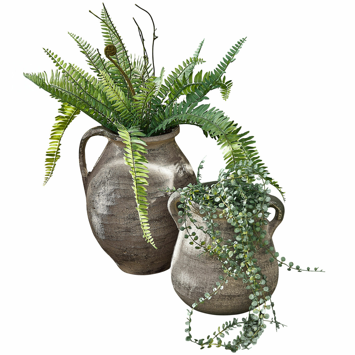 Vaas set van 2 Malivon Twee grijze keramische potten met groene decoratieve planten voor binnen en buiten