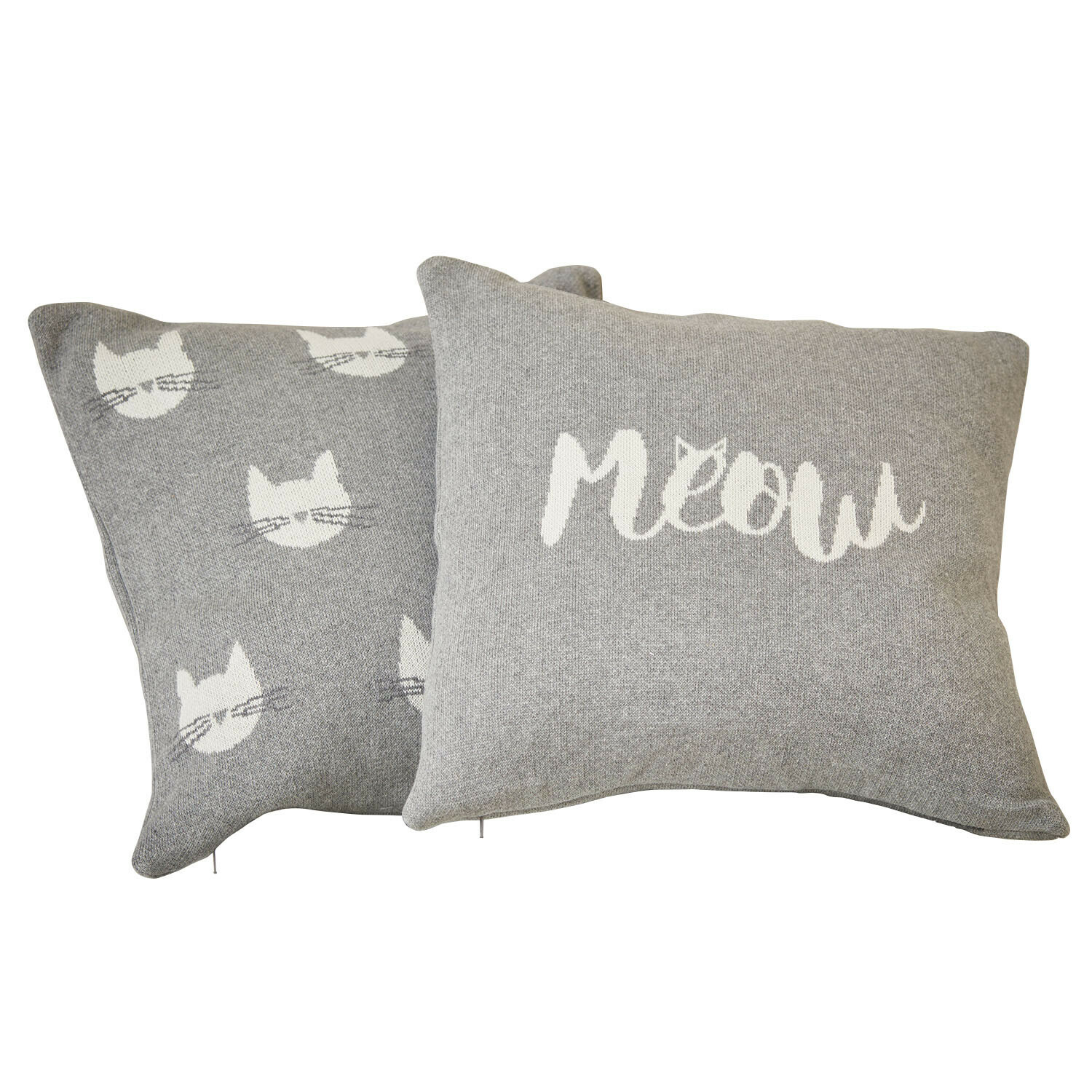 Kussenhoes set van 2 Solviana Grijze kussens met witte kattenpatronen en tekst meow, zachte stof voor woondecoratie