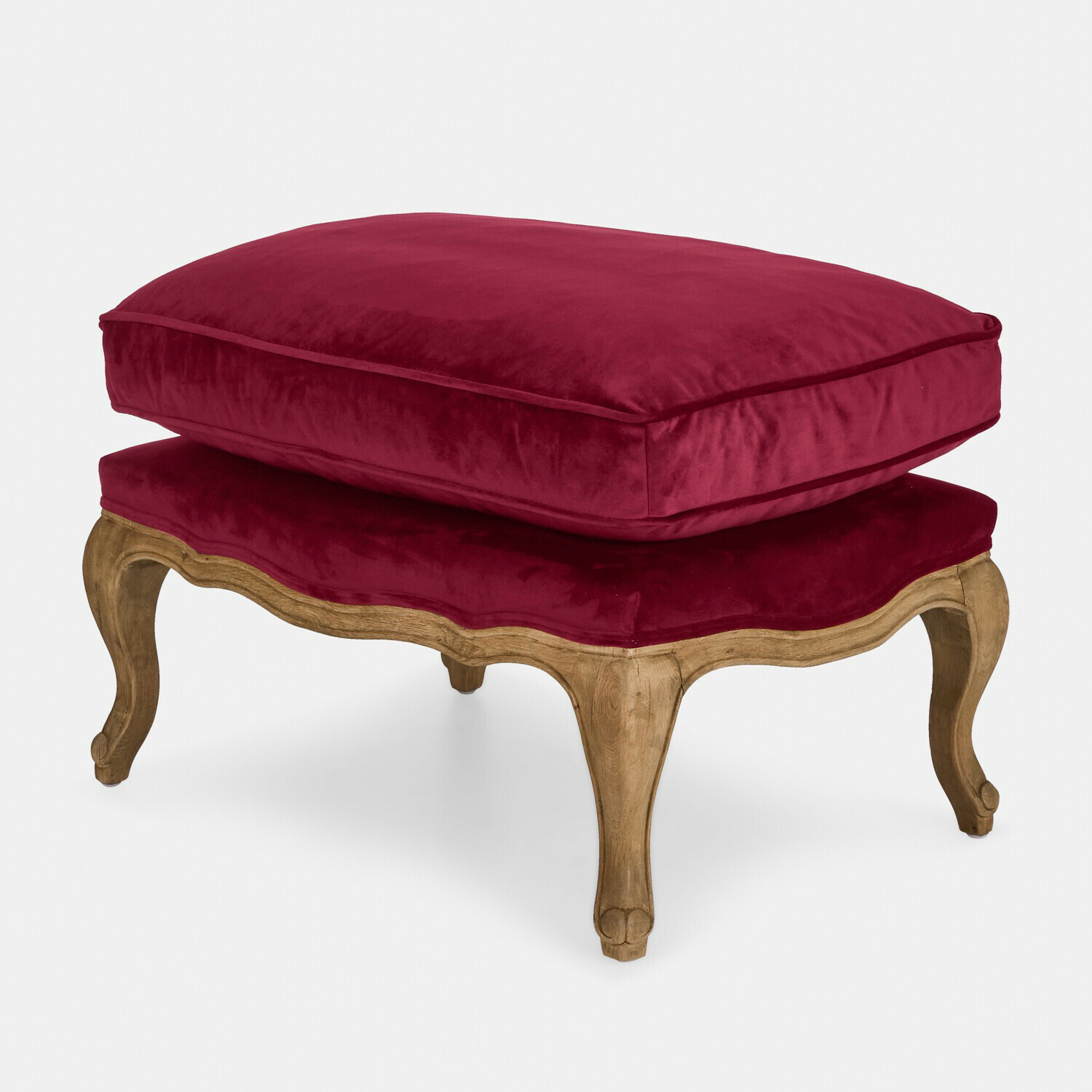Footstool Corlay Voetenbank met houten poten en bordeauxrode fluwelen zitting, elegante meubel voor woonkamer