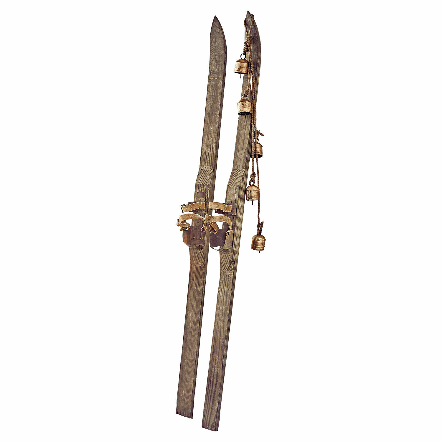 Lot de 2 skis décoratifs Lambeth Paires de skis en bois marron avec cloches en métal suspendues, décoration vintage rustique