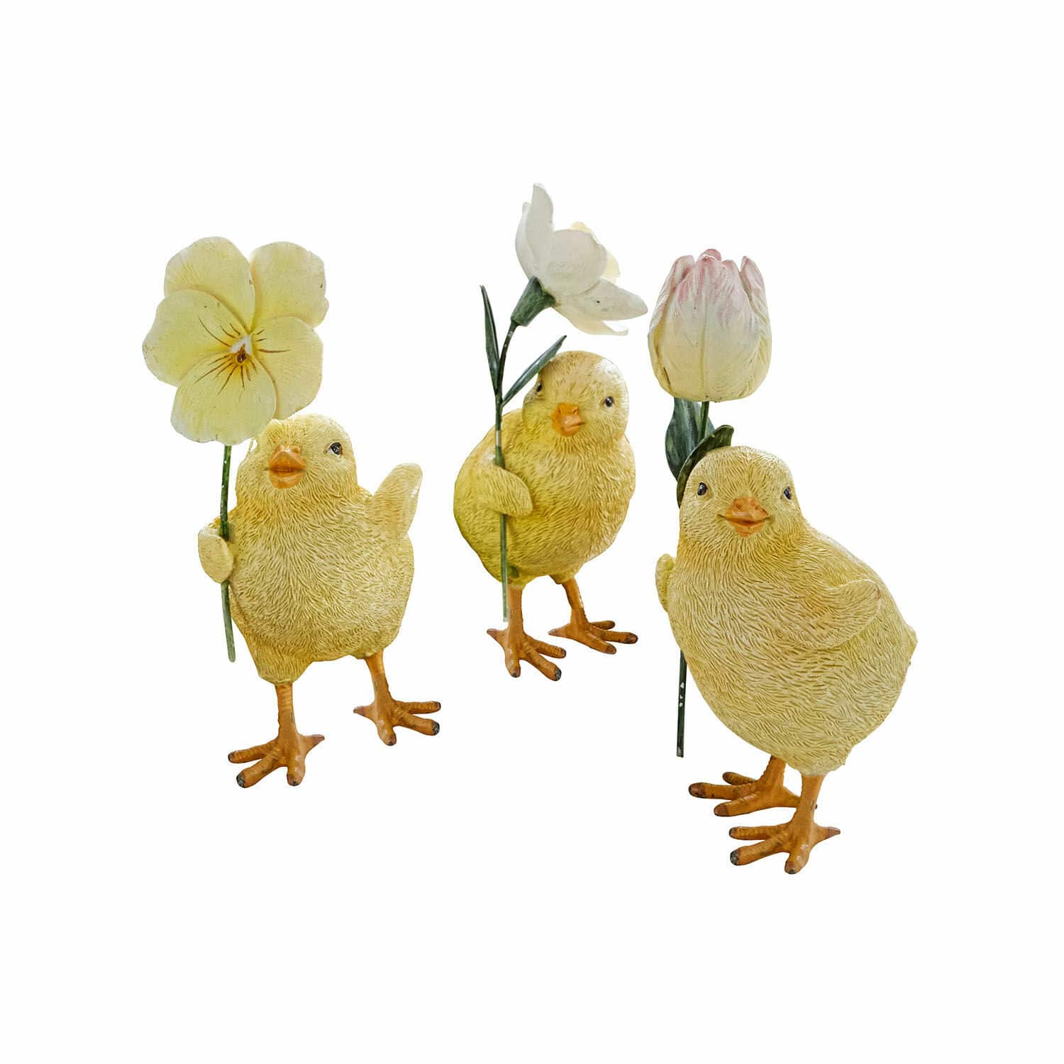 Kuiken set van 3 Duerre Drie gele decoratieve kuikens van kunststof met pastelgekleurde bloemen