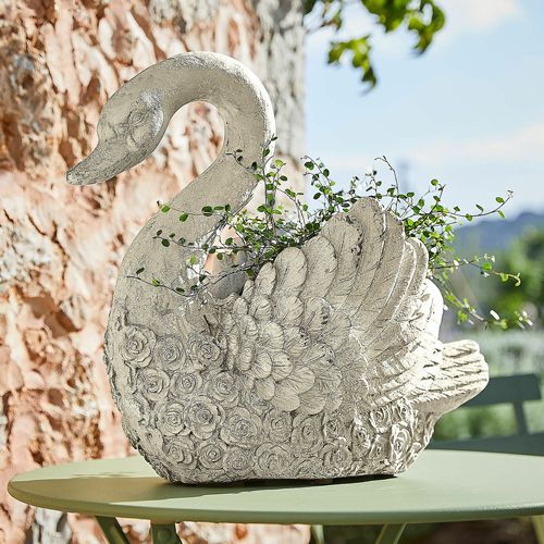 Jardinière en forme de cygne en béton gris avec motif floral, décoration extérieure élégante