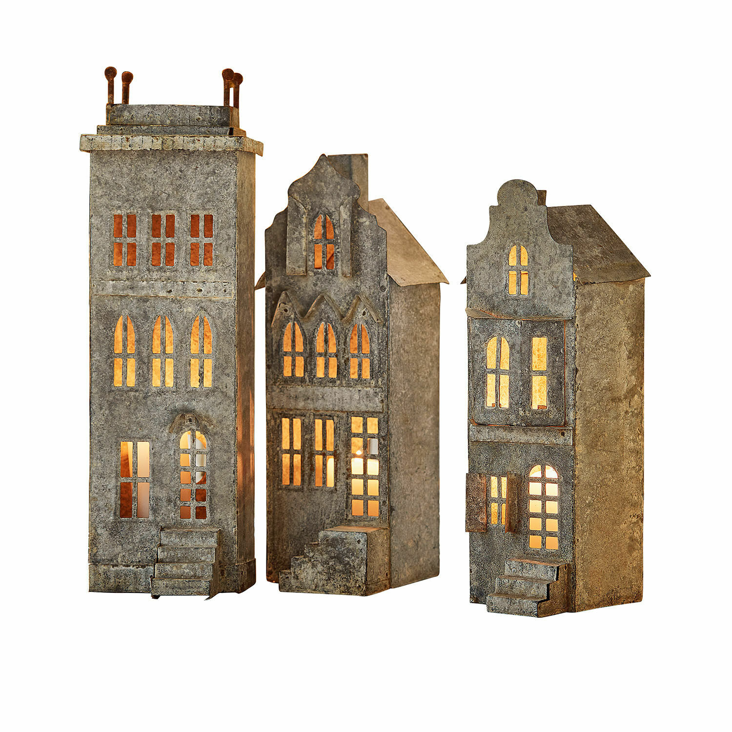 Ensemble de trois lanternes en métal en forme de maisons avec lumière chaude, décoration intérieure