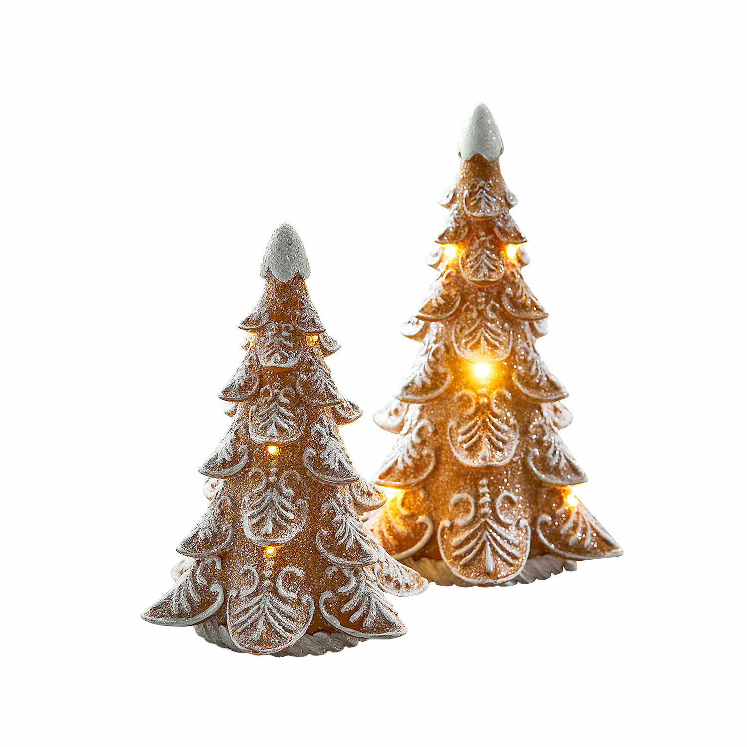 Deux sapins décoratifs en céramique marron avec éclairage LED et effet neige blanche, décoration de Noël