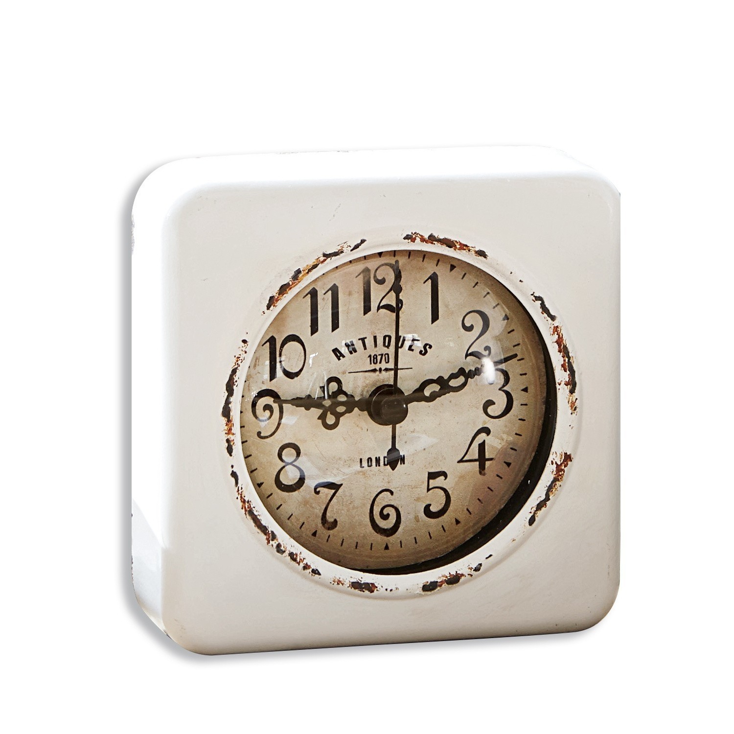 Klok Gervase Vintage tafelklok met witte metalen behuizing en verouderde wijzerplaat met Arabische cijfers