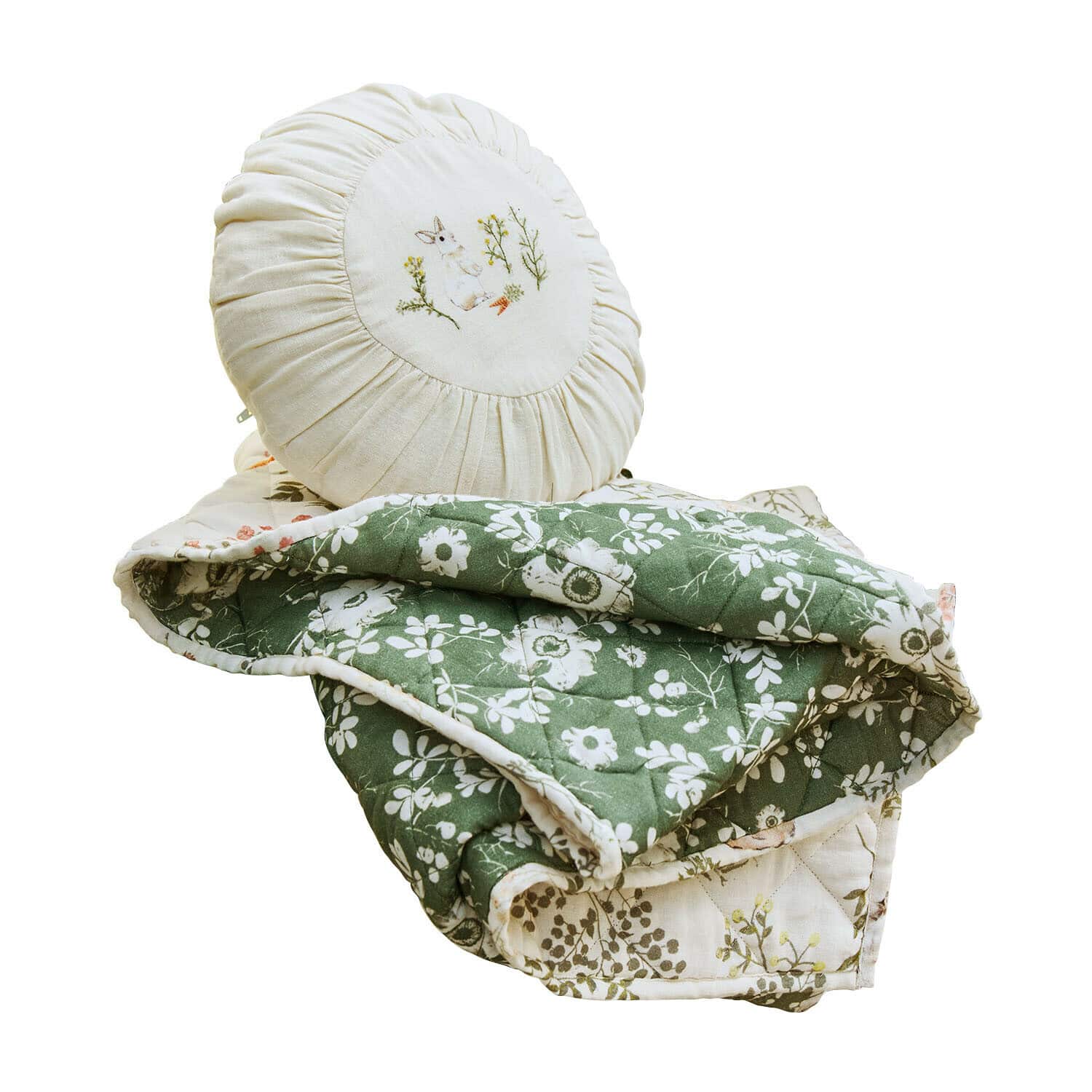 Plaid et coussin Puddlebrook Coussin rond crème avec broderie de lapin et couverture matelassée verte à fleurs pour décoration intérieure