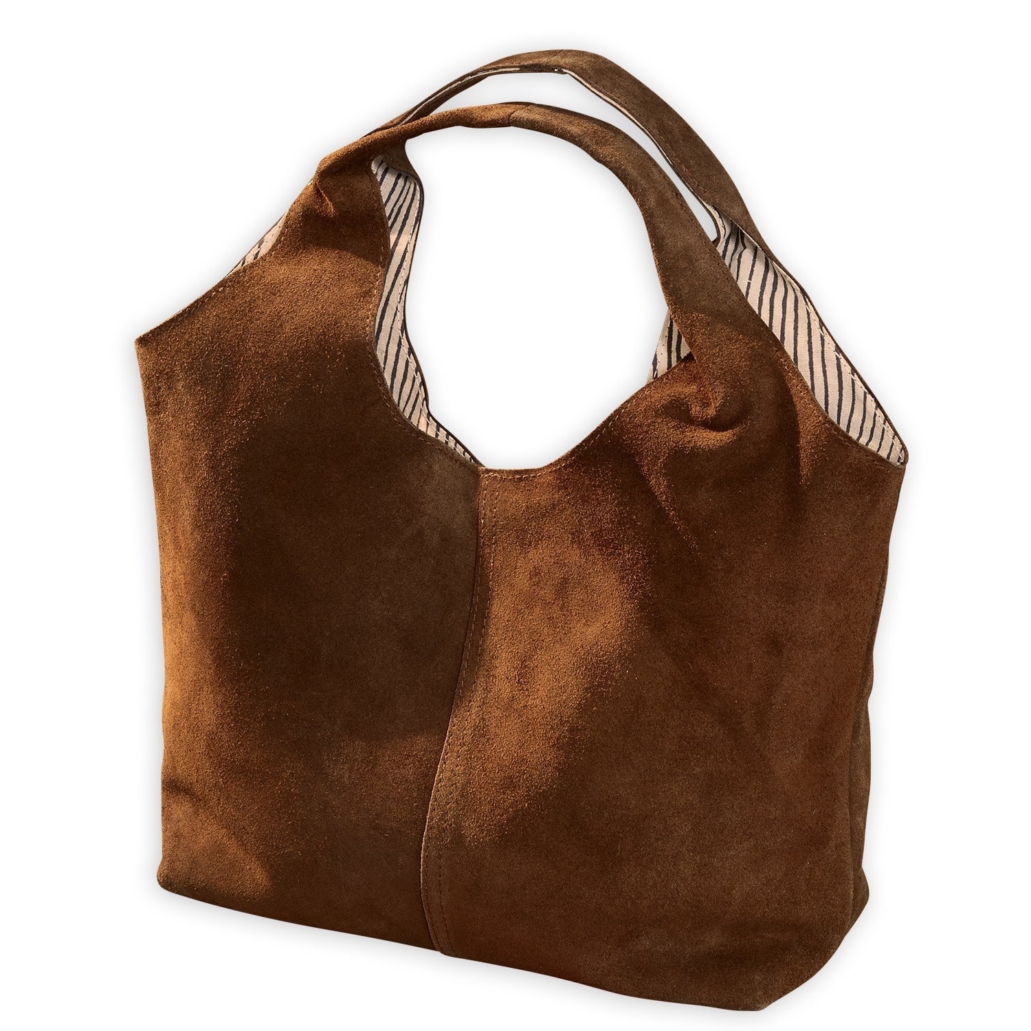 Sac Georgine Sac marron en daim souple avec anse et doublure rayée, accessoire tendance pour usage quotidien