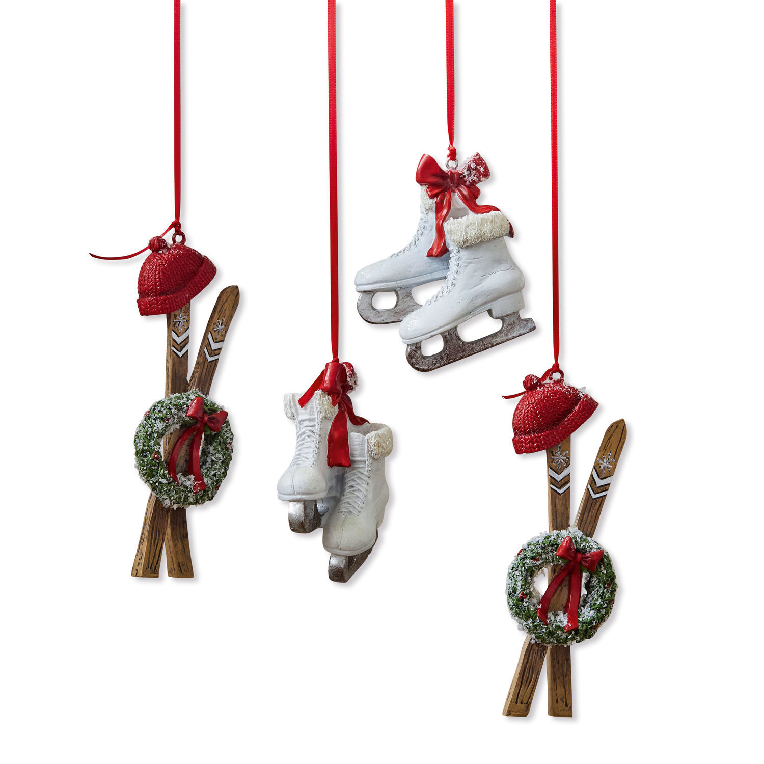 Set van 4 kleurrijke kerstversieringen met schaatsen, ski's, kransen en rode strikken