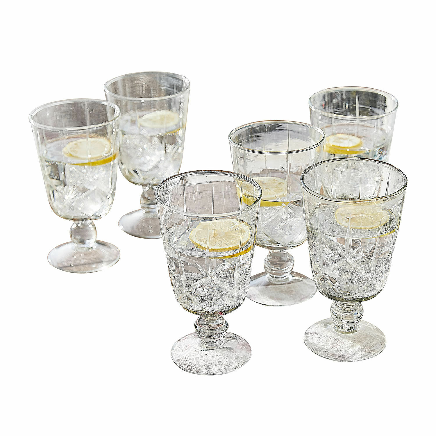 Lot de 6 verres Mirathor Ensemble de six verres transparents à pied avec eau et tranche de citron, verre décoratif