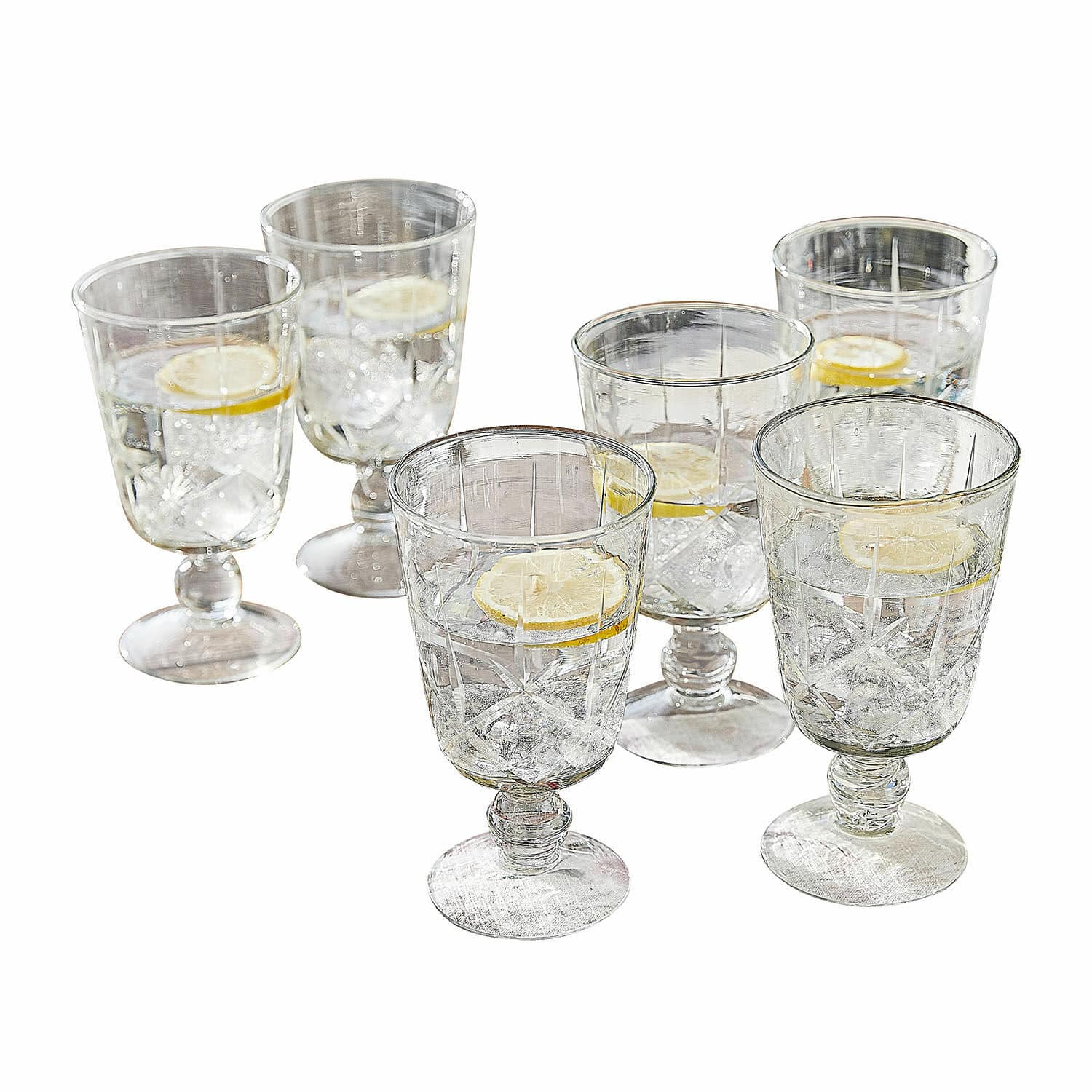 Lot de 6 verres Mirathor Ensemble de six verres transparents à pied avec eau et tranche de citron, verre décoratif