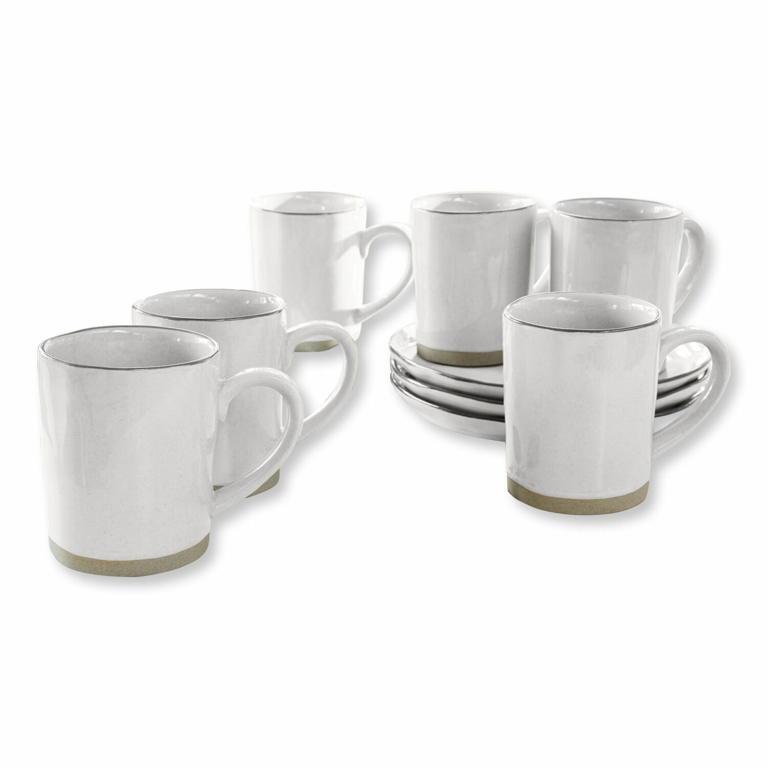 Lot de 6 tasses Biarré Ensemble de six tasses en céramique blanche avec base beige et soucoupes assorties pour café