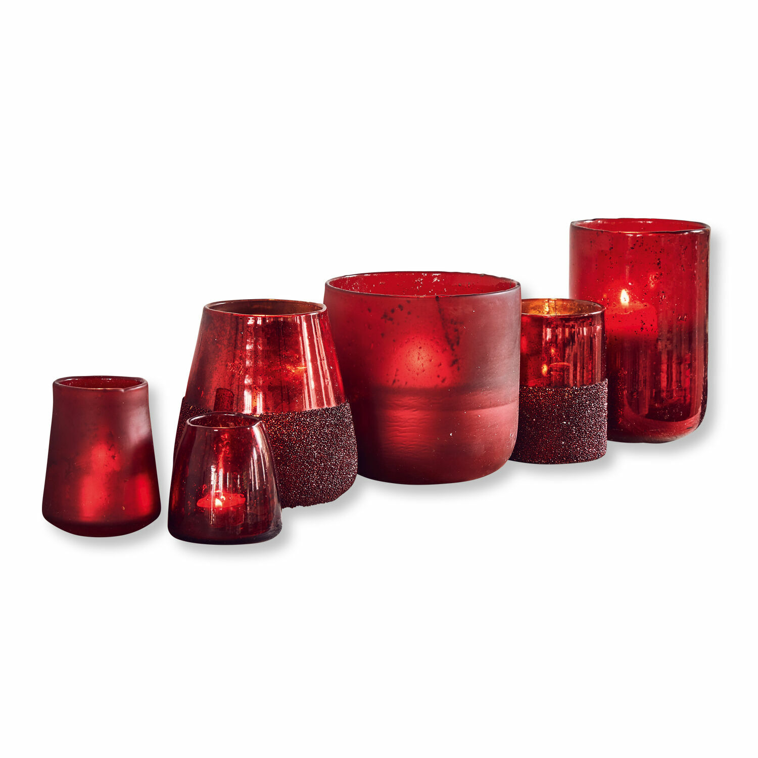Lot de 6 photophores Paro Ensemble de photophores en verre rouge de différentes formes et textures pour décoration intérieure