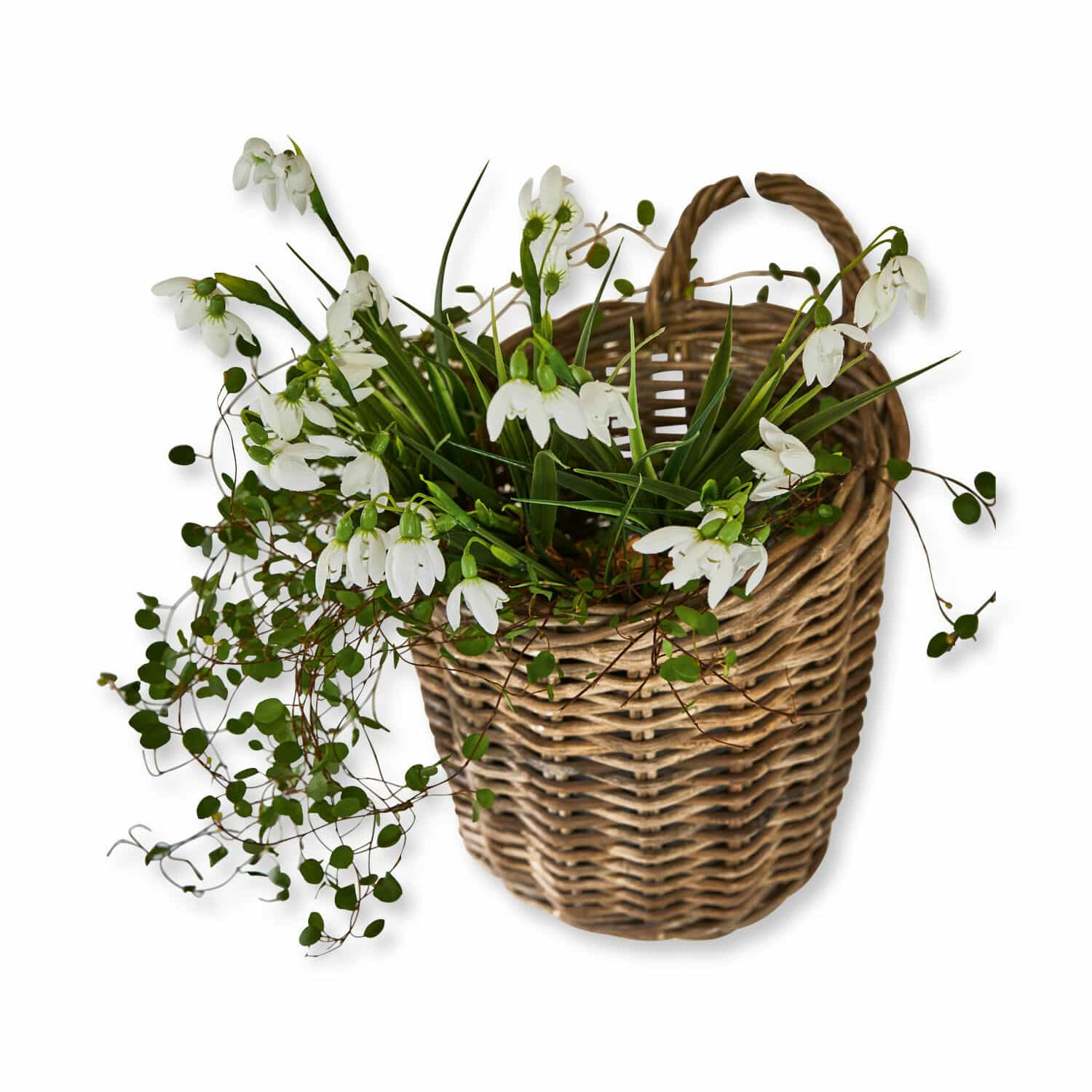 Panier Korovu Panier en osier avec fleurs blanches et feuillage vert, décoration printanière intérieure