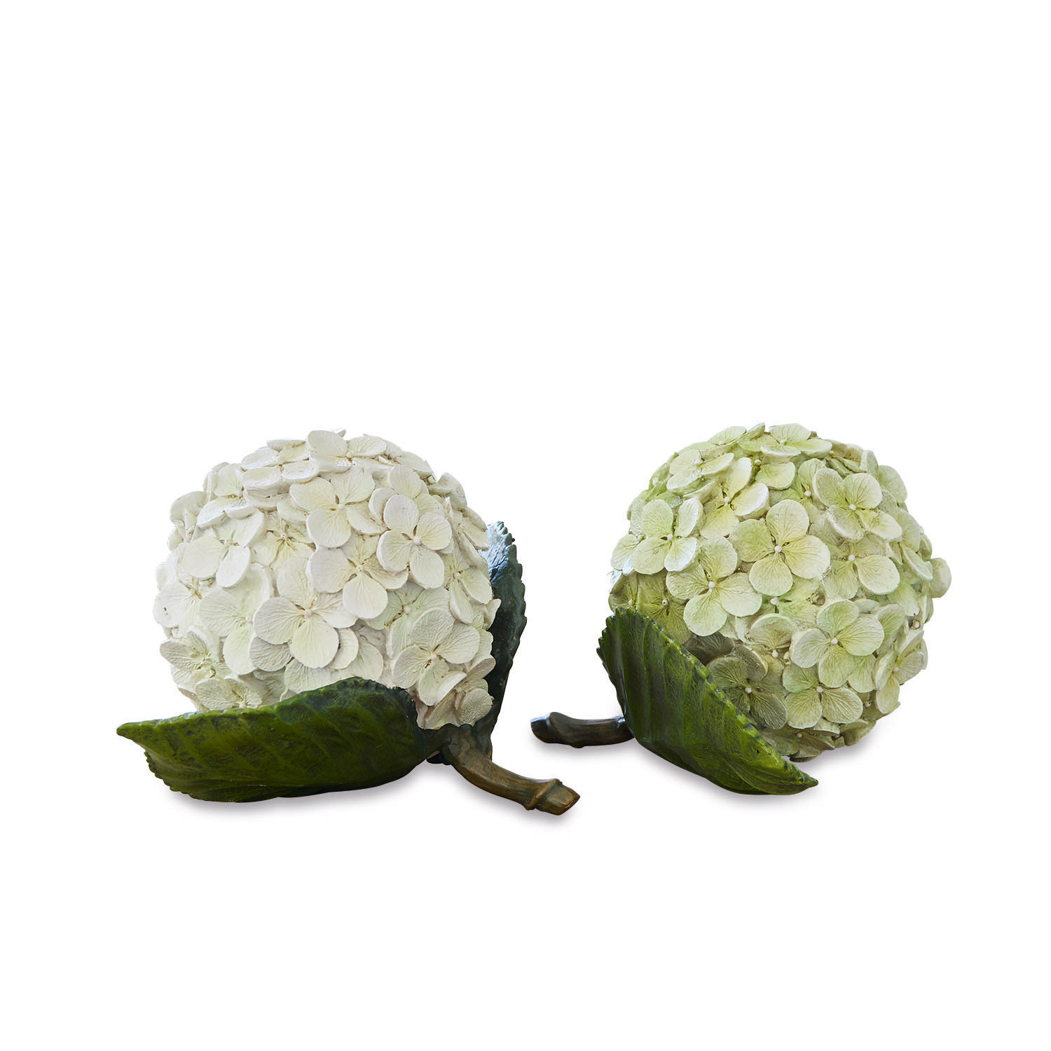 Lot de 2 fleurs décoratives Hortensie Boules décoratives de fleurs blanches et vertes avec feuilles, décoration intérieure élégante