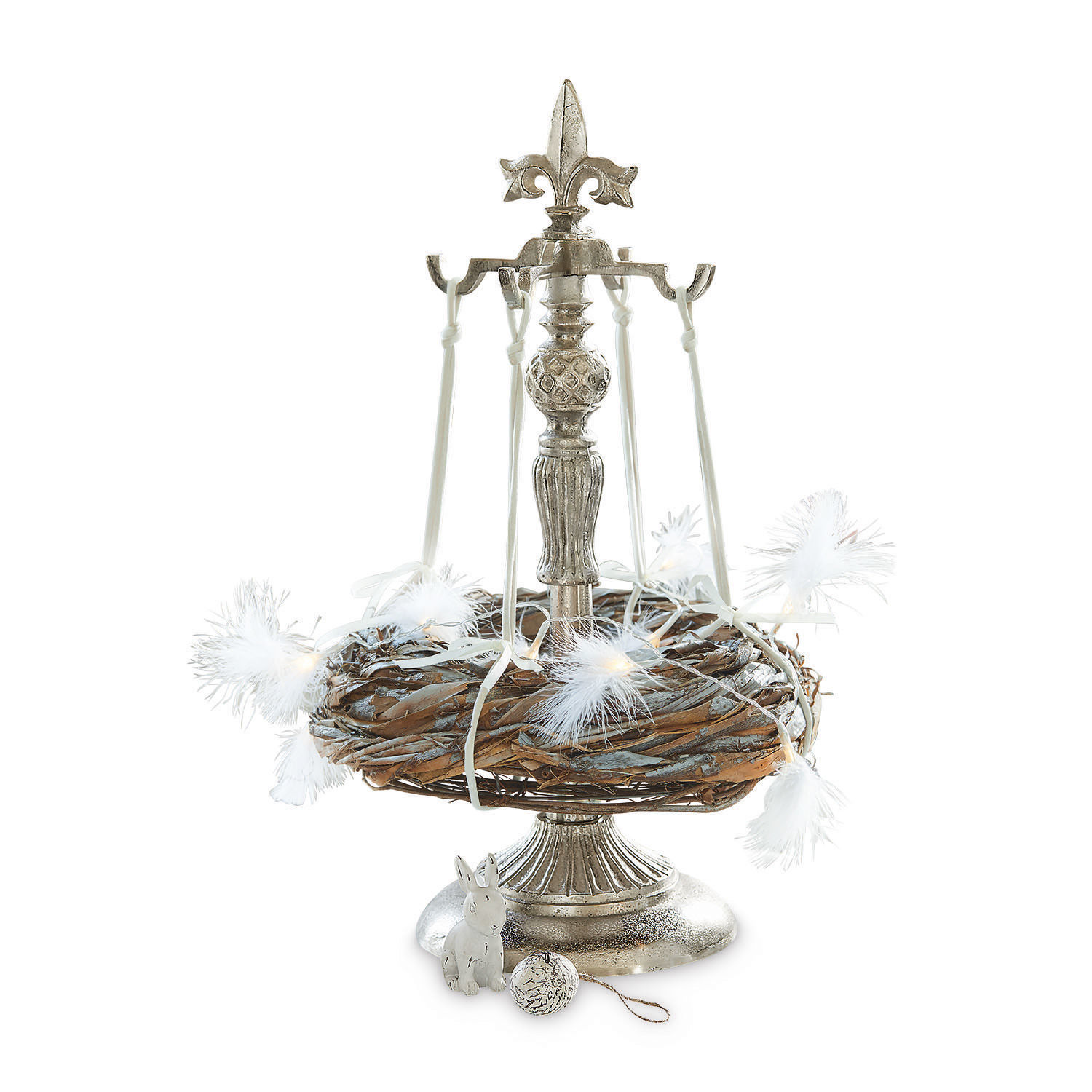 Kransstandaard Edmond Decoratieve metalen standaard met wilgenkrans en witte veren, paasdecoratie