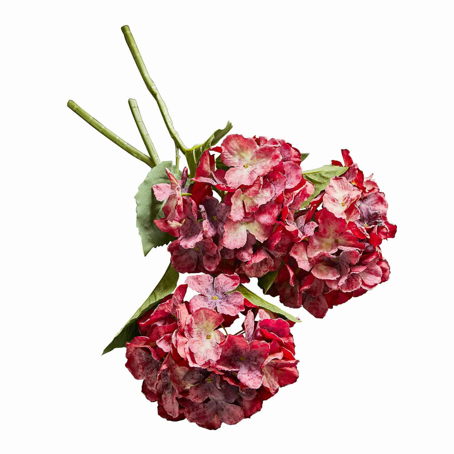 Sierbloem set van 3 Virette Boeket kunsthortensia's in rood-roze tinten met groene bladeren voor interieurdecoratie