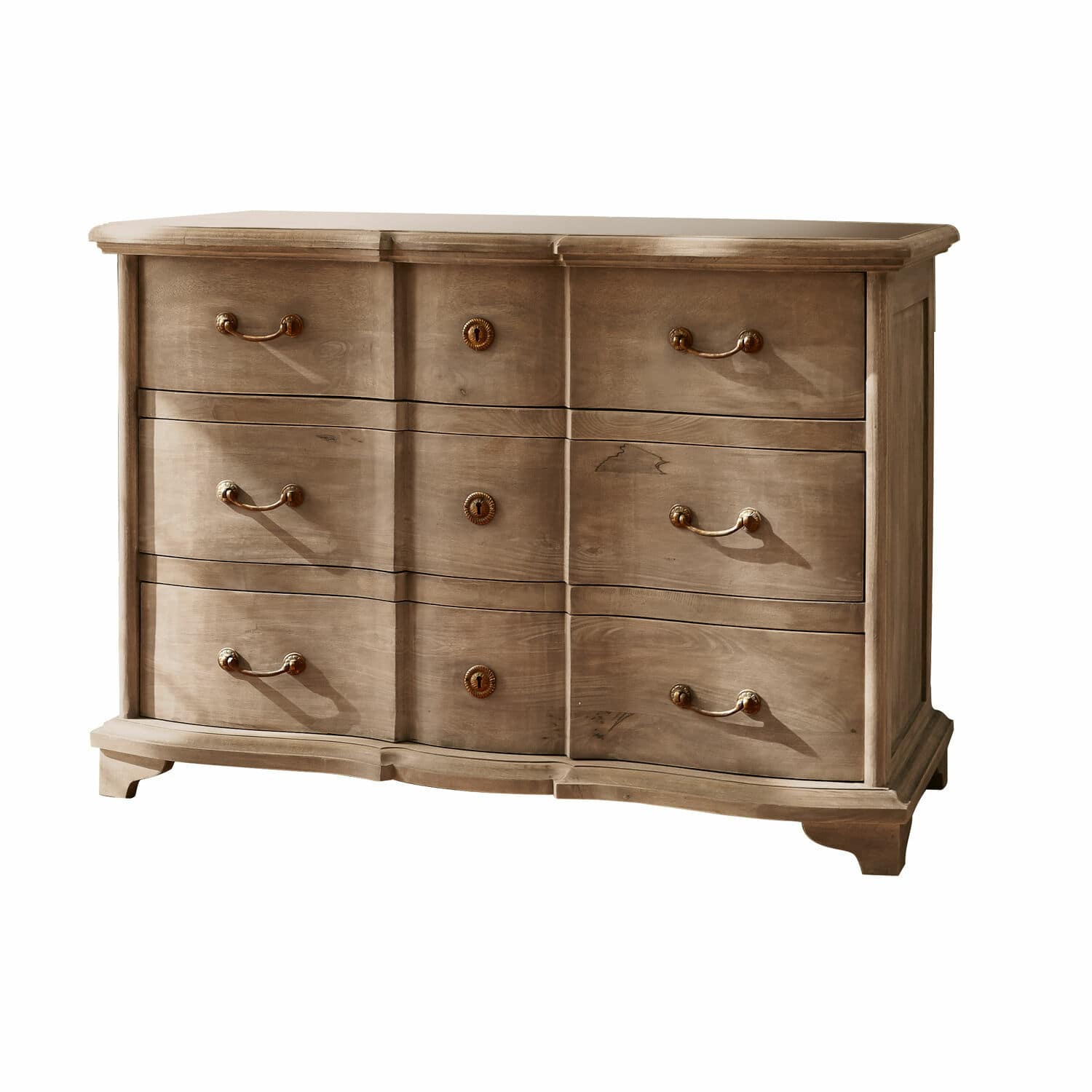 Commode Aiguillon Commode en bois naturel avec six tiroirs et poignées en laiton pour rangement élégant