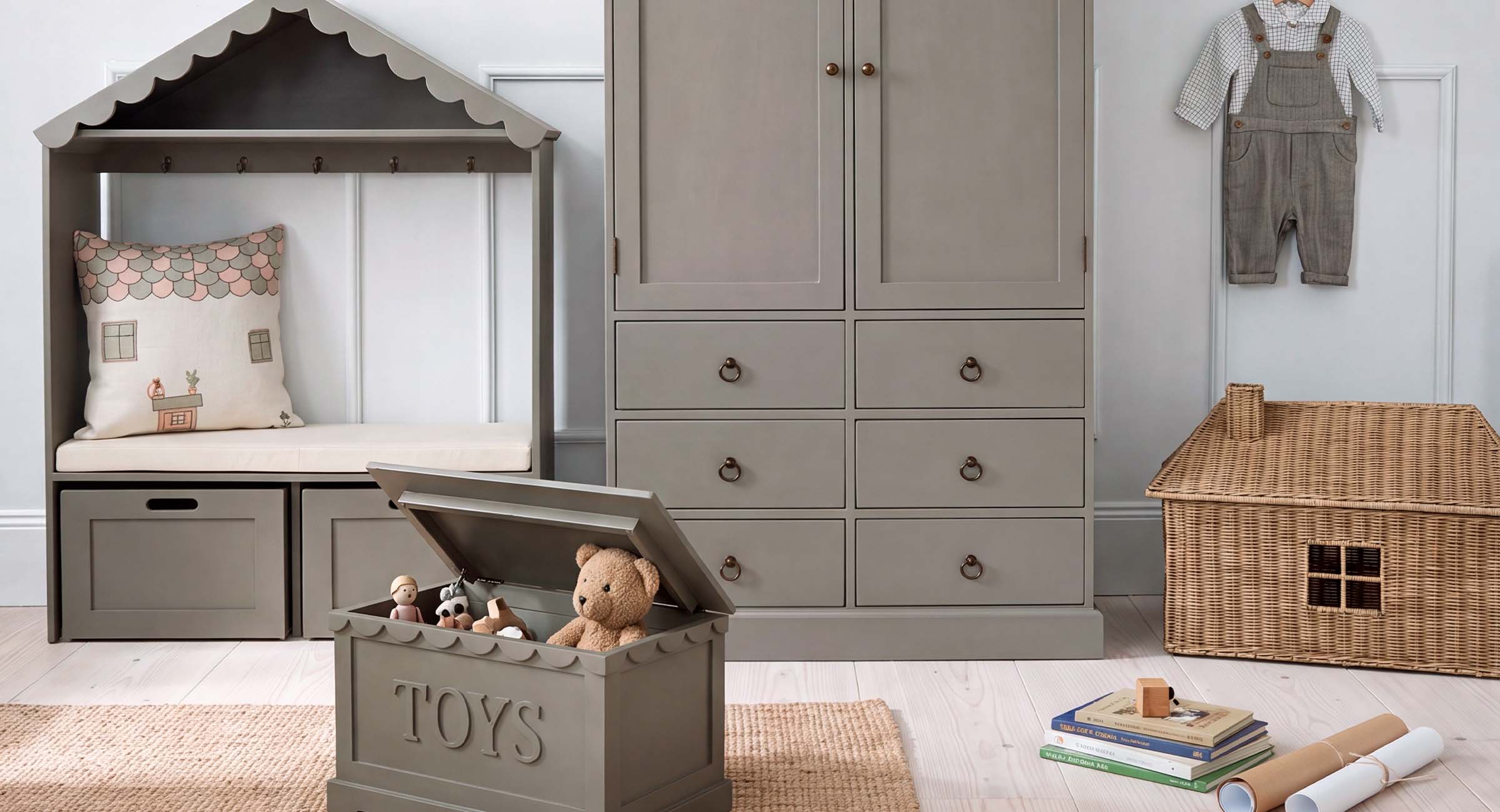 Grijze houten kast en speelgoedkist met knuffels in een kinderkamer met zachte tinten
