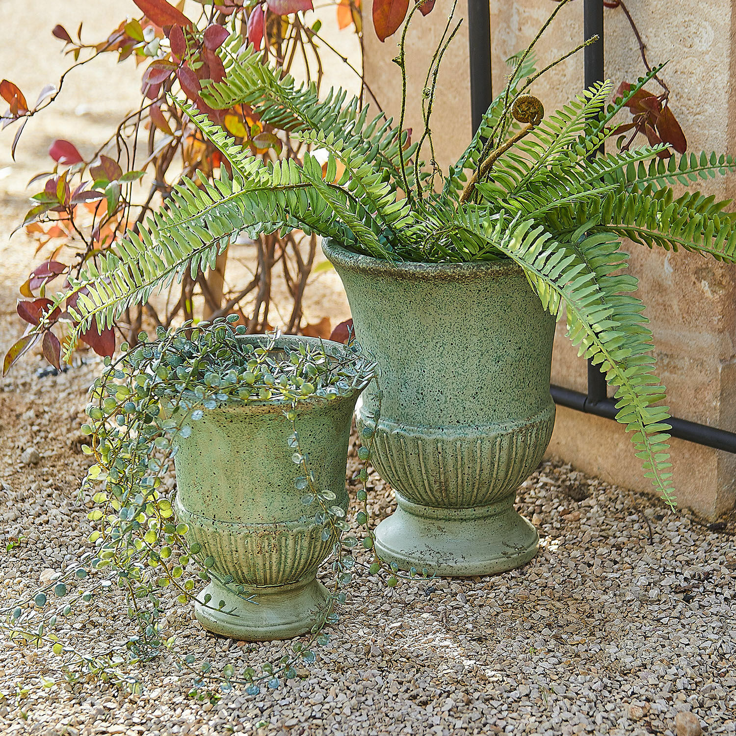 Lot de 2 amphores Jolivaux Ensemble de deux pots en céramique verte avec plantes, posés sur un sol gravillonné extérieur
