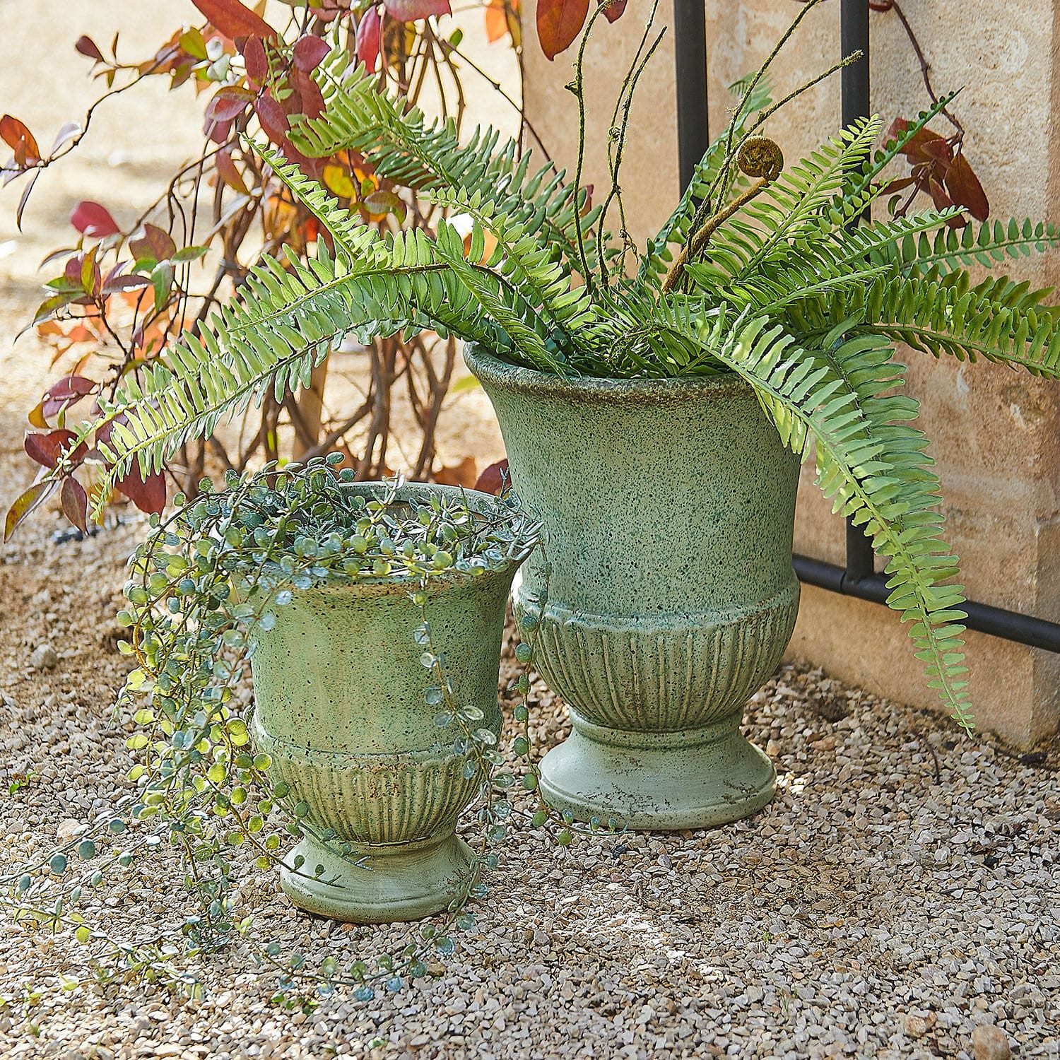 Lot de 2 amphores Jolivaux Ensemble de deux pots en céramique verte avec plantes, posés sur un sol gravillonné extérieur