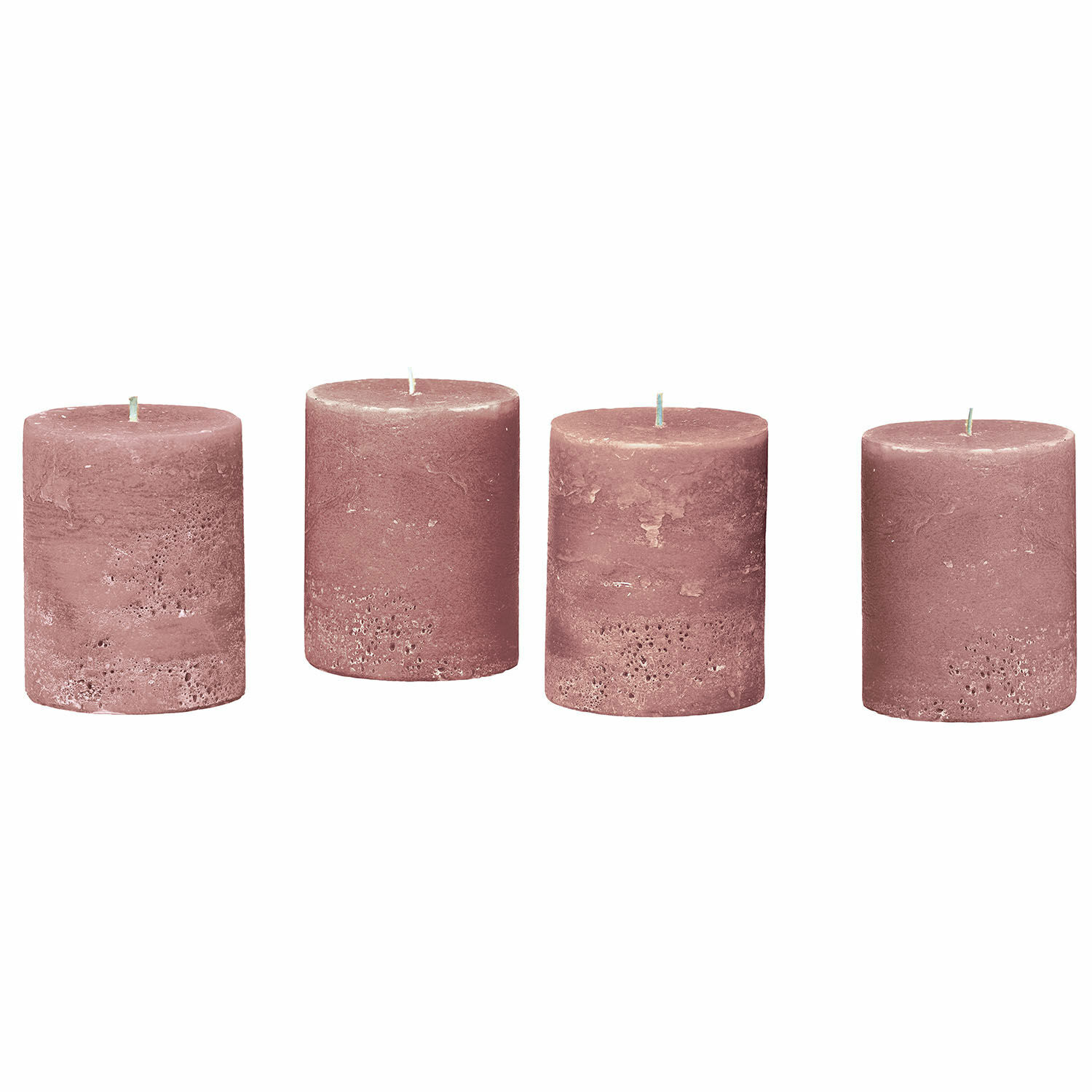 Lot de 4 bougies roses en cire avec texture rustique, décoration intérieure et ambiance cosy