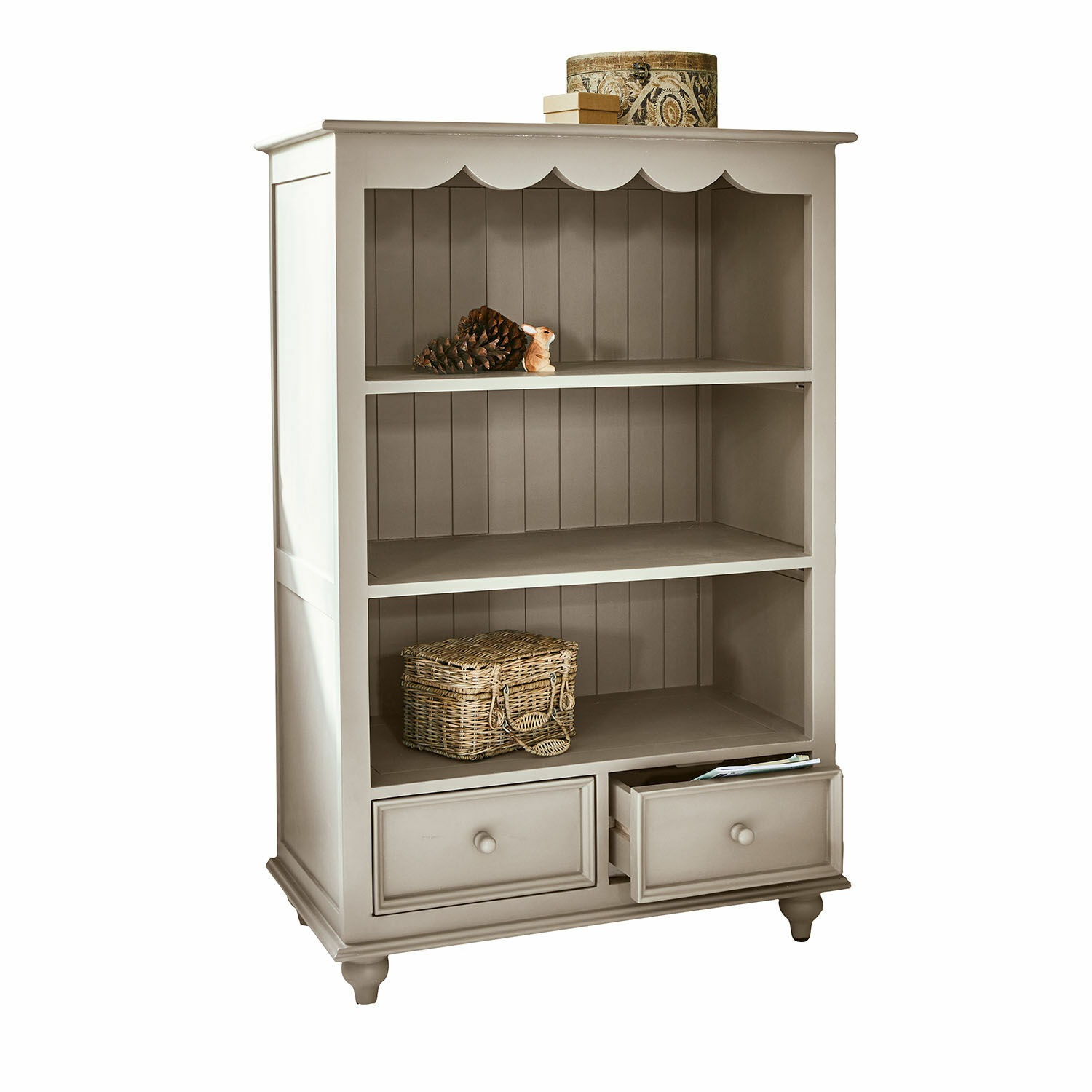 Open kast Sorvanne Beige houten kast met planken en lades in vintage stijl voor opbergruimte
